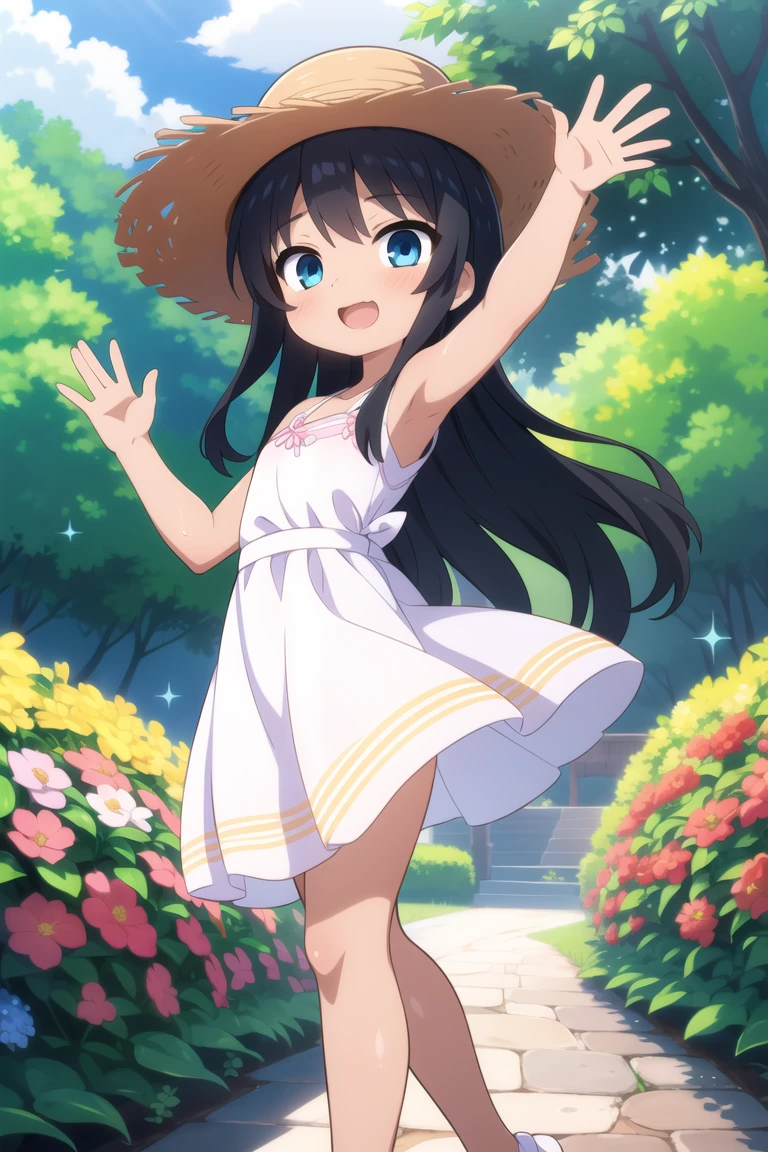 masterpiece, best quality, ultra detailed, anime style, 1girl, young, cute, (oily skin), (shiny body), (slender, lean, thin legs), long wavy hair, black hair, blue eyes, white dress, straw hat, waving, garden, colorful flowers, dancing, warm, beautiful face, happy, pov from side, <lora:WingedCloud_3:1.0>