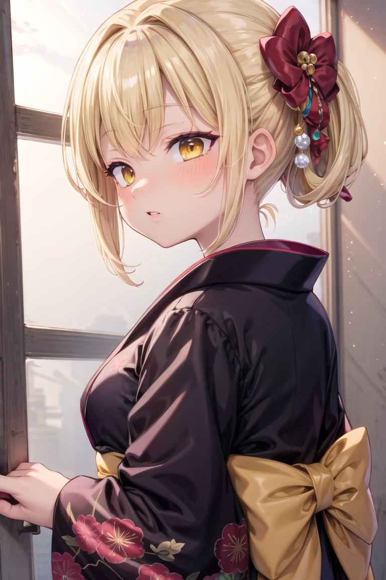 (best quality, masterpiece, RAW photo,ultra-detailed:1.2), 1girl, solo,
kimono, hair ornament, yellow eyes, blonde hair,
<lora:toraishi:0.7:lbw=ALL>