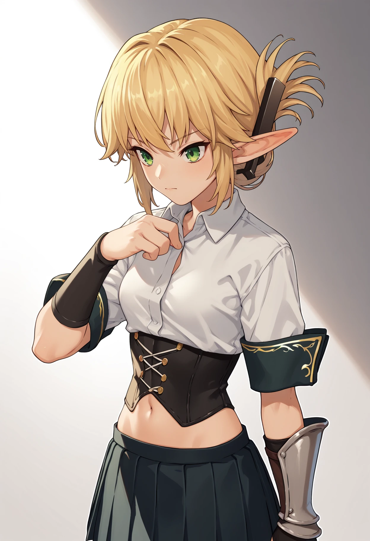 score_9, score_8_up, score_7_up, score_6_up, score_5_up, score_4_up, <lora:aegisenjokouhaiv1:1>, aegisek, blonde hair, pointy ears, sidelocks, folded ponytail, green eyes, hair ornament, aegisdefault, white shirt, corset, black pantyhose, pleated skirt, navel, sheath, single gauntlet,