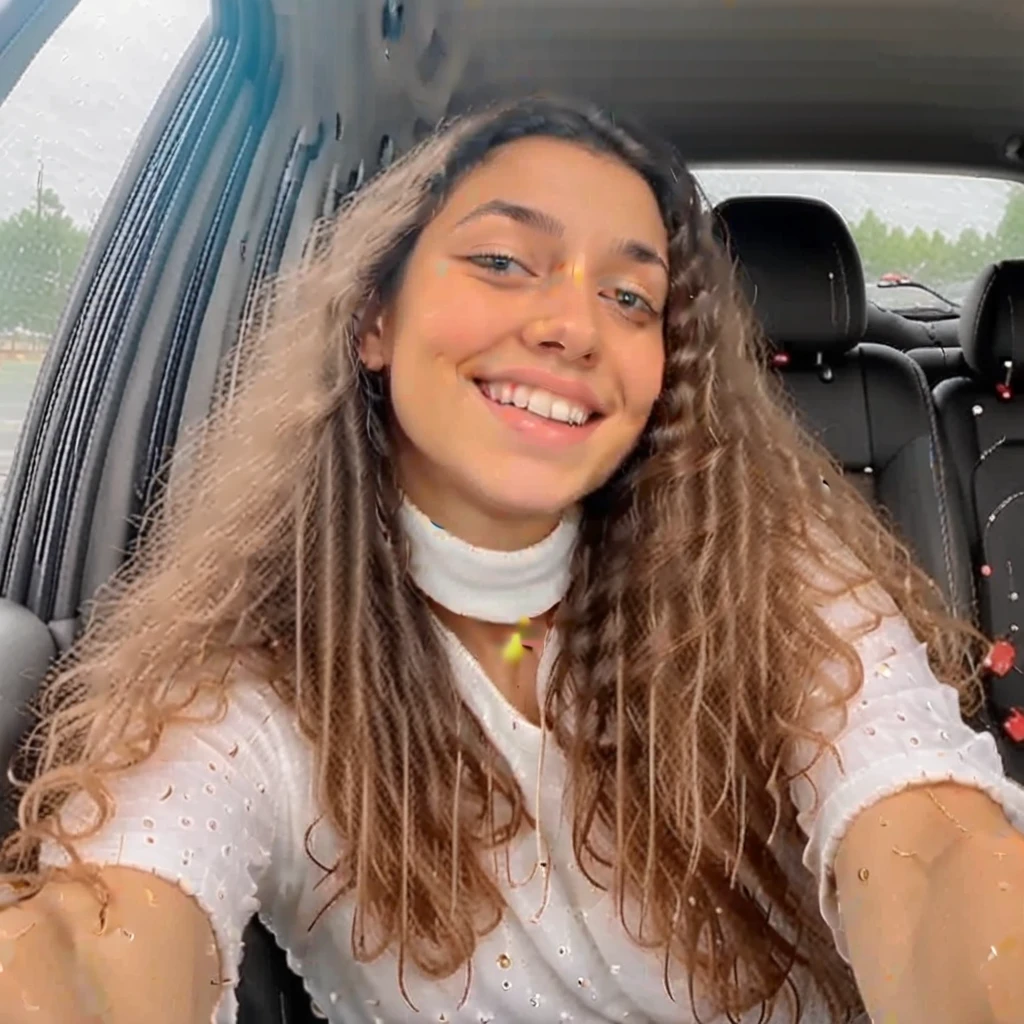 Selfie of Girl, pretty smile, blush, white top, Selfie on car seat
