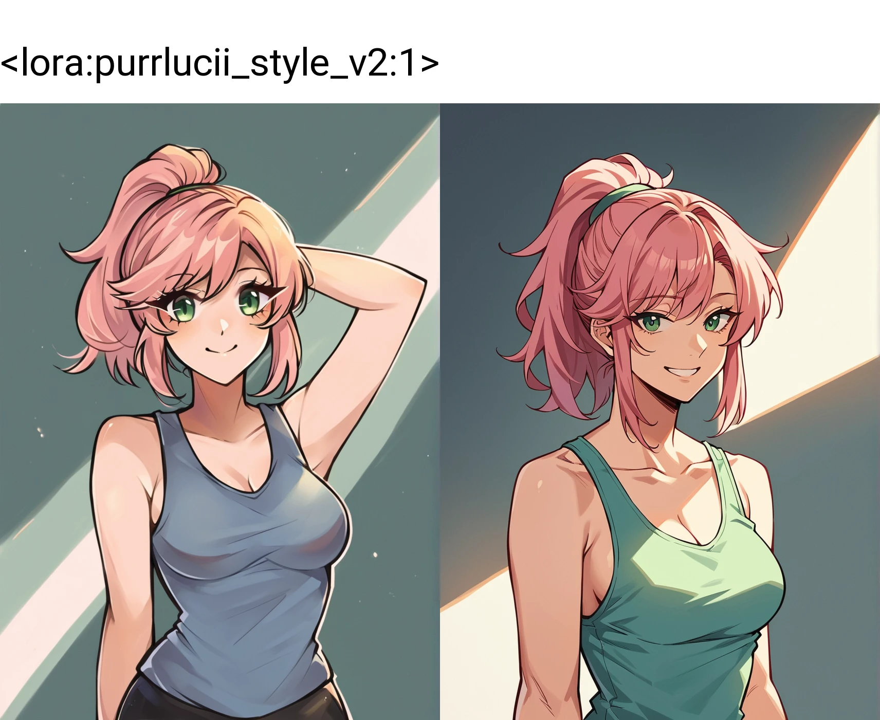 score_9, score_8_up, score_7_up, score_6_up, score_5_up, score_4_up, BREAK source_anime,
1girl, medium breasts, pink hair, medium hair, ponytail, green eyes, tank top, smile
<lora:purrlucii_style_v2:1>
