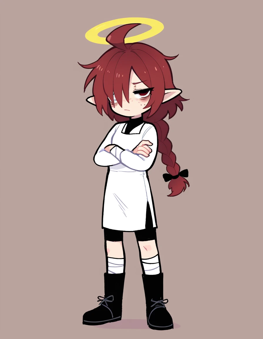 zPDXL, score_9, score_8_up, score_7_up, source_anime, BREAK
1girl, solo, <lora:StickySweet-20:1> sketch, flat color, Lynn, red hair, red eyes, (bandage over one eye, hair over one eye), braided ponytail, halo, freckles, bags under eyes, jitome, ahoge, pointed ears, flat chest, white dress, crossed arms, black boots, bandaged leg, black leggings, looking at viewer, :<, <lora:Nullantwins:0.8>