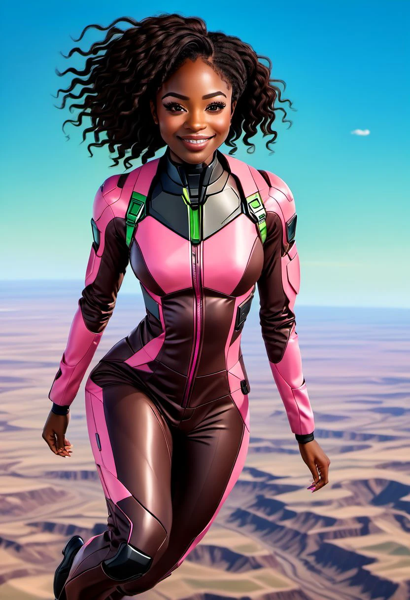 masterpiece, highest quality, (masterpiece), best quality, expressive, masterpiece, highest quality, (masterpiece), best quality, expressive very dark brown skin, 29-year-old Black American woman, mental health professional, brown eyes, yandere, 1girl, dark-skinned female, black plug suit with pink and green trim, jumping out of plane, over a barren wasteland, confident smile