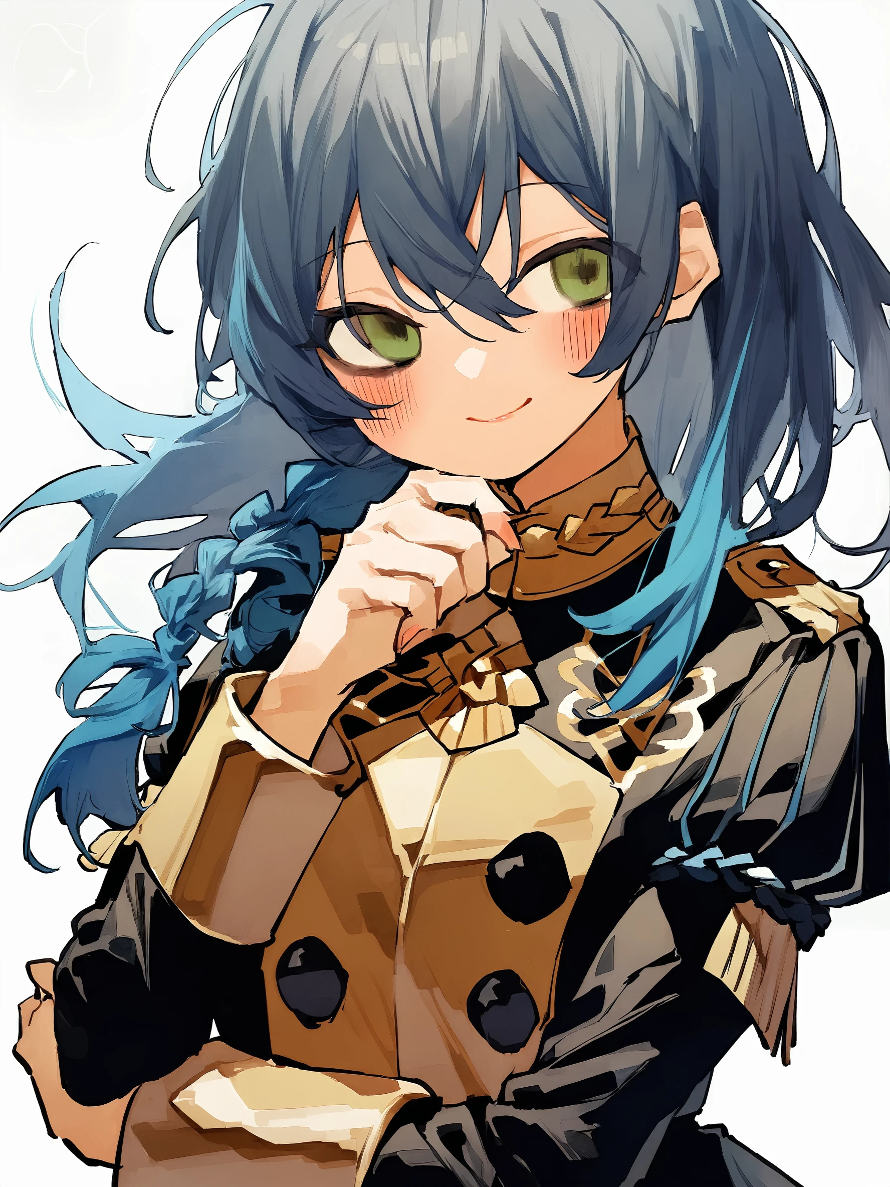 1girl,
solo, hair between eyes, brown eyes, fingernails, cropped torso, long hair, braid, white background, hand on own chin, bags under eyes, upper body, lips, parted bangs, buttons, garreg mach monastery uniform, epaulettes, long sleeves, blue hair, smile, double-breasted, uniform vest, crown braid, sidelocks, hand on own arm, green eyes, brown hair, looking at viewer, blush, uniform, closed mouth, short hair, simple background,
masterpiece, best quality, safe
<lora:mki-ani31-potg-v1-000050:1>