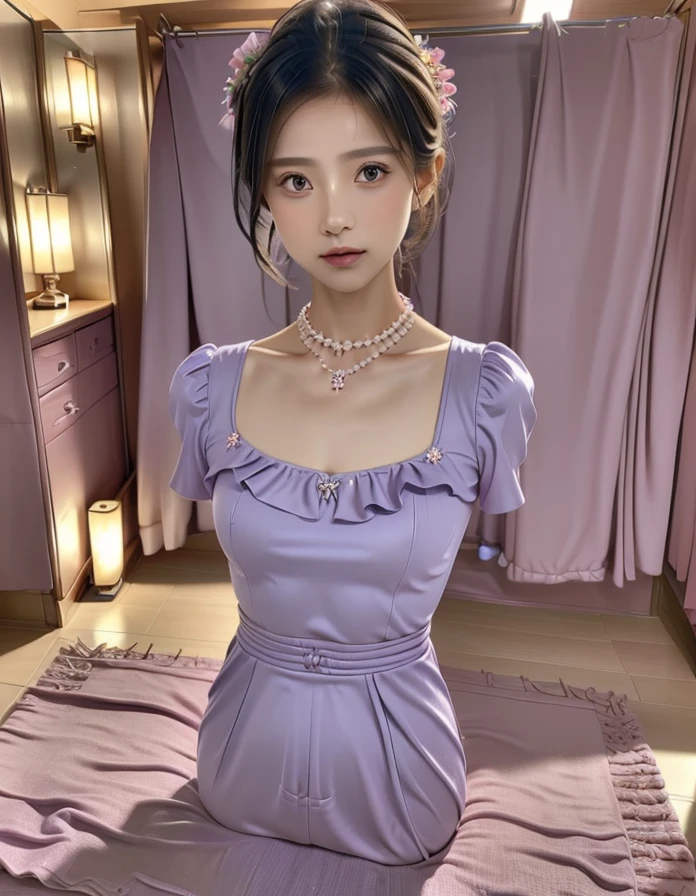 (limbless:1.2), full body,
(8k, best quality, masterpiece:1.2), (realistic, photo-realistic:1.37), front lighting,(bokeh:1.2),ultra high res, professional lighting, physically-based rendering,
one girl, 1girl, (solo:1.3), thin, (slim waist),
(beautiful face, beautiful eyes, perfect female figure),
wearing purple wrap blouse with floral print, wearing pink maxi dress with ruffle hem, wearing blue statement necklace with rhinestone pendant, mouth closed, (shy),
(small breasts:1.119449798187743), (indoors, locker room, changing room),
long hair, black pixie cut with textured fringe,
<lora:limblessv55-34:0.7>