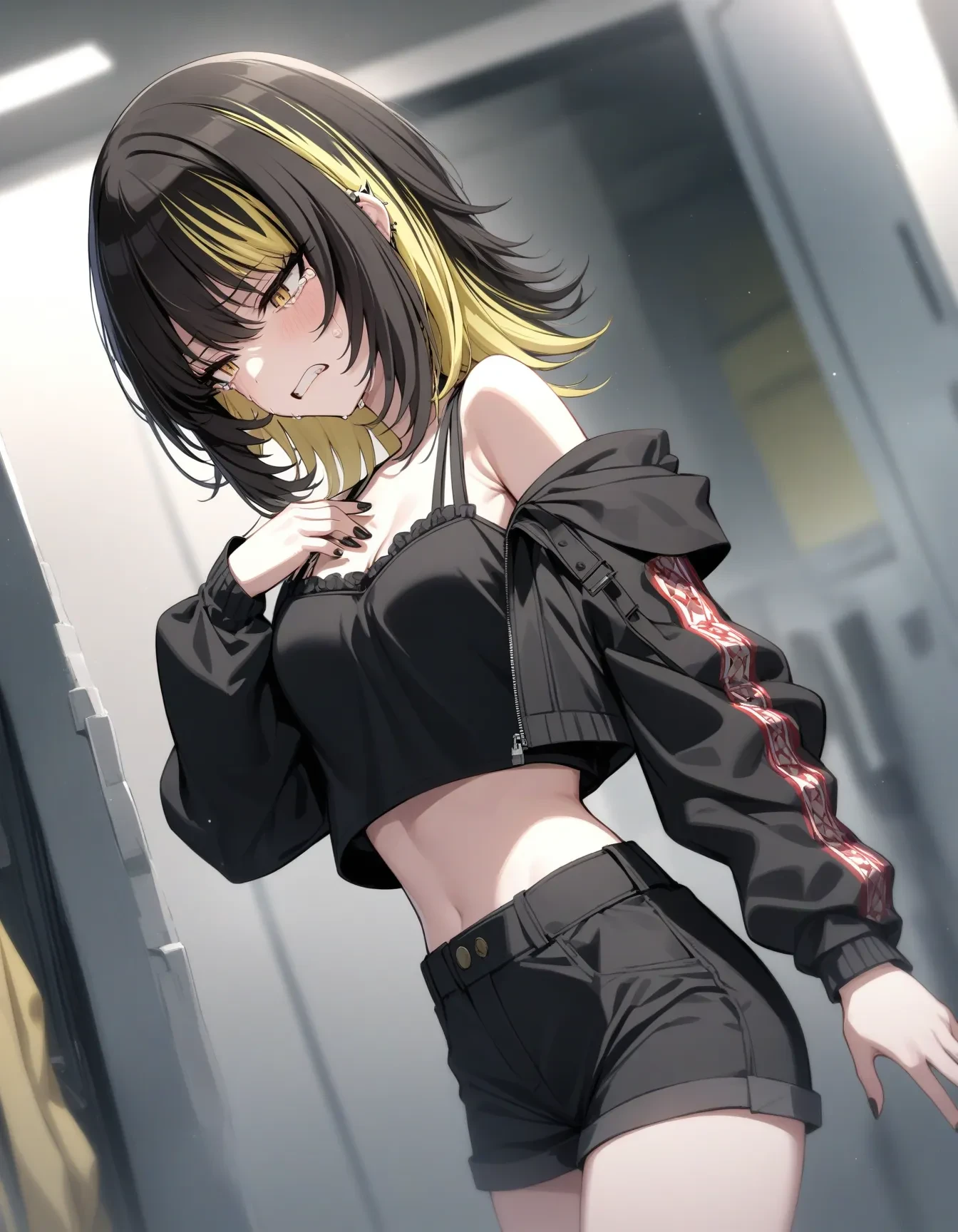 l_ikaruga, 1girl, solo, blonde hair, yellow eyes, half closed eyes, sad, locker room, indoor, crying, crying with eyes open, dutch angle, from side, hand on own chest, looking ahead, open mouth, pants, tears, teeth, tongue, black nails, nail polish, cleavage, shorts, crop top, off shoulder, bare shoulders, piercing, slenched teeth, multicolored hair, bangs, black hair, hair between eyes, two-tone hair, colored inner hair, medium hair, midnight, cowboy shot, jacket, long sleeves, streaked hair, cropped jacket, open jacket, open clothes, black jacket, black shirt, god ray, perfect lighting, perfect shadow
masterpiece, best quality, very aesthetic, absurdres
<lora:a31_l_ikarugaXL:1>