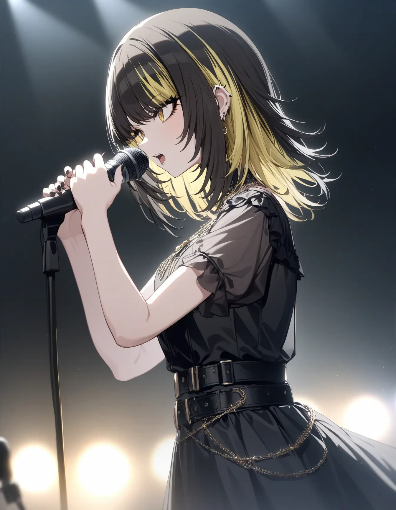 l_ikaruga, 1girl, solo, microphone, blonde hair, jewelry, holding, ear piercing, holding microphone, piercing, dress, multicolored hair, necklace, short sleeves, black hair, music, black dress, yellow eyes, black nails, medium hair, earrings, from side, belt, singing
masterpiece, best quality, very aesthetic, absurdres
<lora:a31_l_ikarugaXL:1>