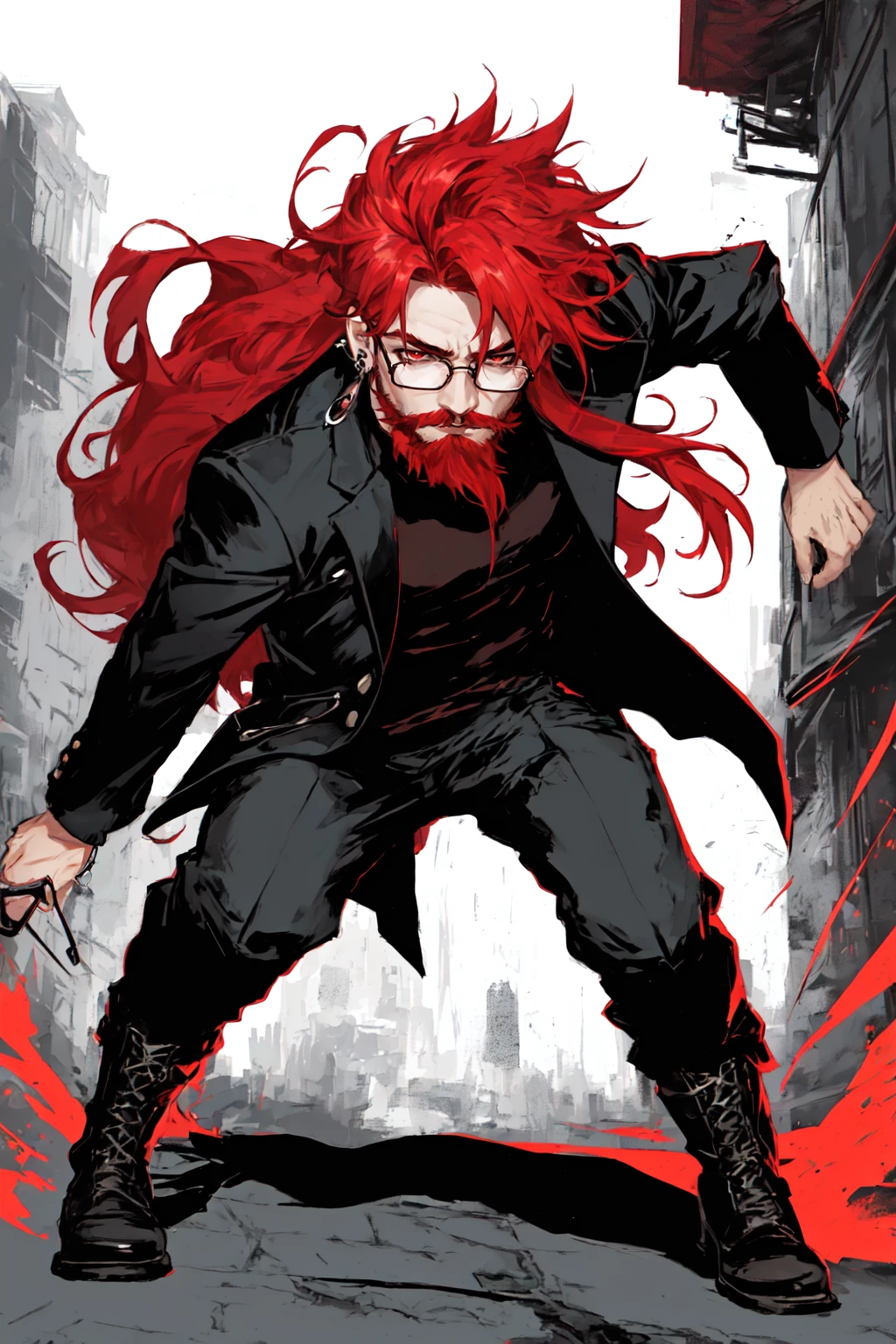 cbxzz, 1boy, male focus, solo, glasses, red eyes, earrings, jewelry, looking at viewer, bespectacled, red hair, long hair, outdoors, facial hair, closed mouth, full body, fight pose, vibrant, vivid colors, enigmatic , masterpiece, best quality , <lora:Ceberus_OC_Lora_for_SD_1.5:0.5>