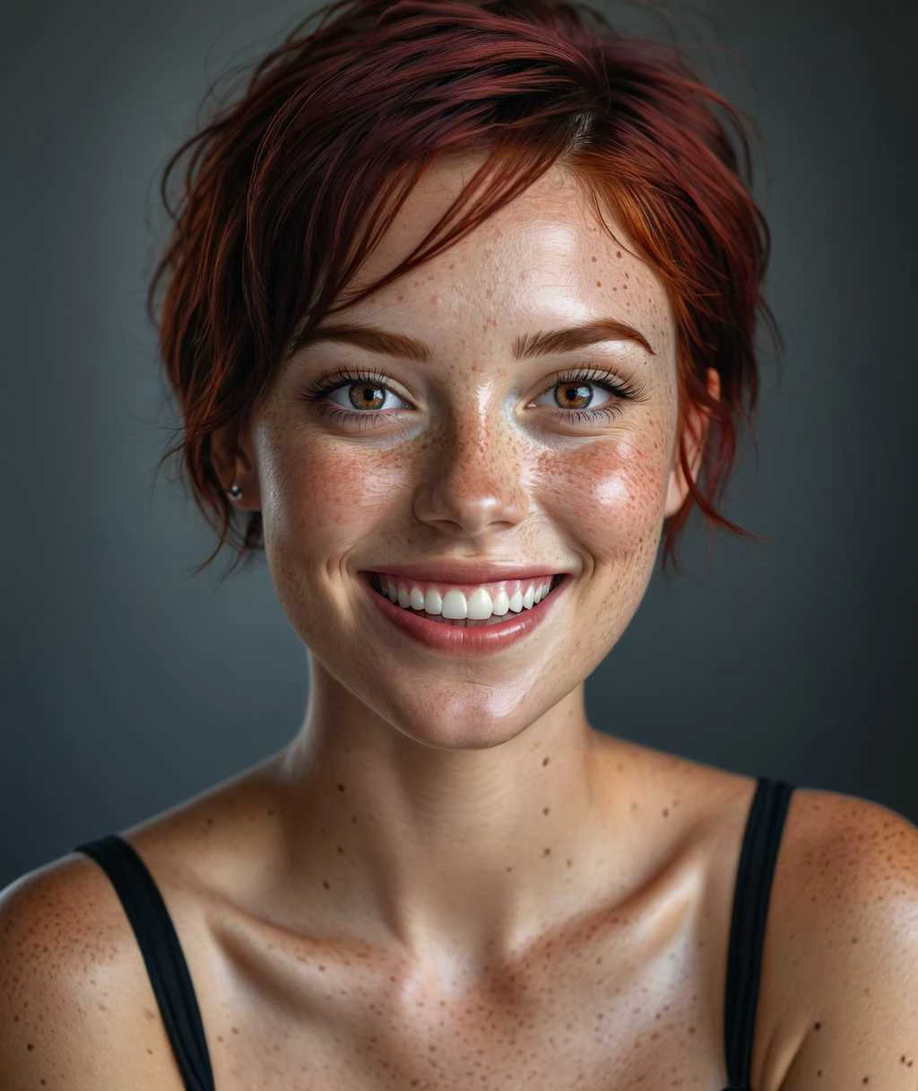 beautiful lady, (freckles), big smile, ruby eyes, short hair, dark makeup, hyperdetailed photography, soft light, head and shoulders portrait, cover