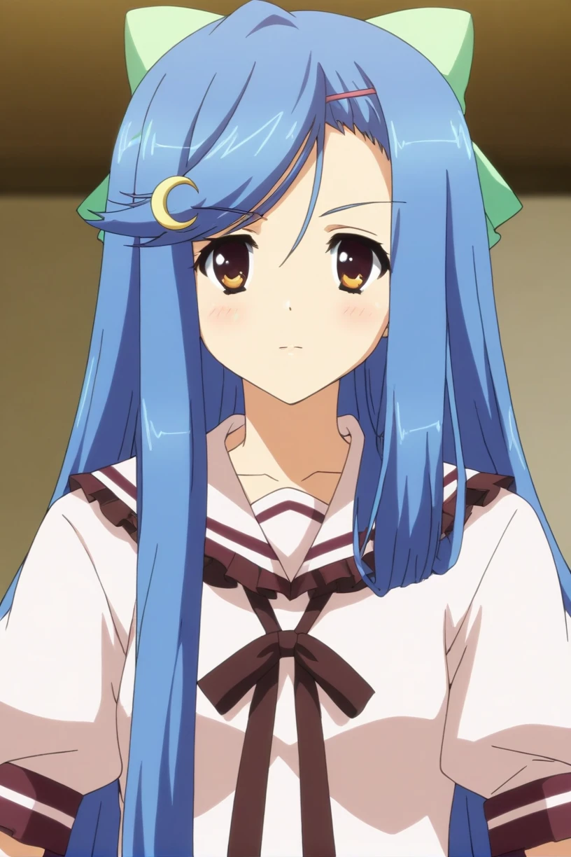best quality,masterpiece,looking at viewer,absurdres,1girl,depth of field,score_9,score_8_up,score_7_up,source_anime BREAK <lora:007-æ¶åæç©ºçæ¡¥-è¤å éé³XLV1:0.8>,toudou kasane,blue hair,long hair,hair ornament,hairclip,bow,crescent,hair bow,crescent hair ornament,very long hair,brown eyes,ribbon,school uniform,
