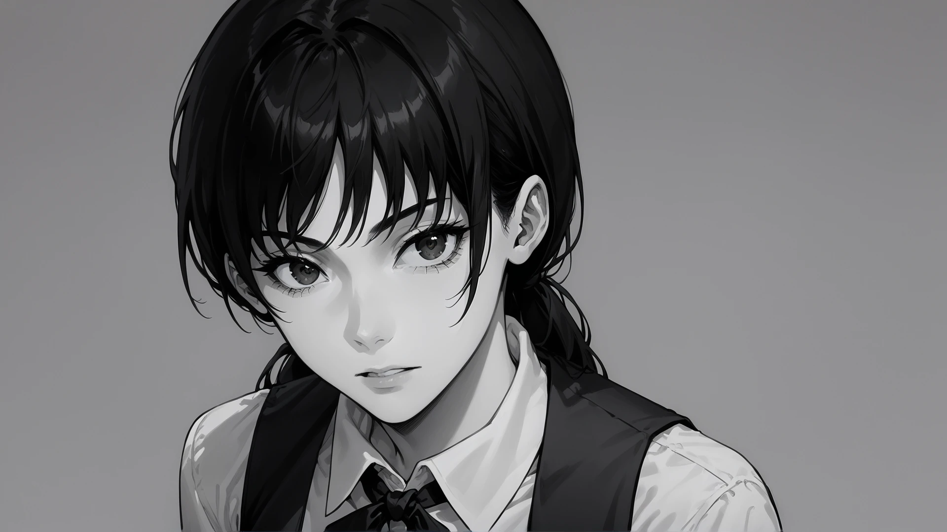 score_9, score_8_up, score_7_up, looking at viewer, <lora:YoruAsa_Chainsaw_man:1>, asa_mitaka, brown eyes, black hair, black ribbon, black pinafore dress, dark, emotionless, monochrome, simple background