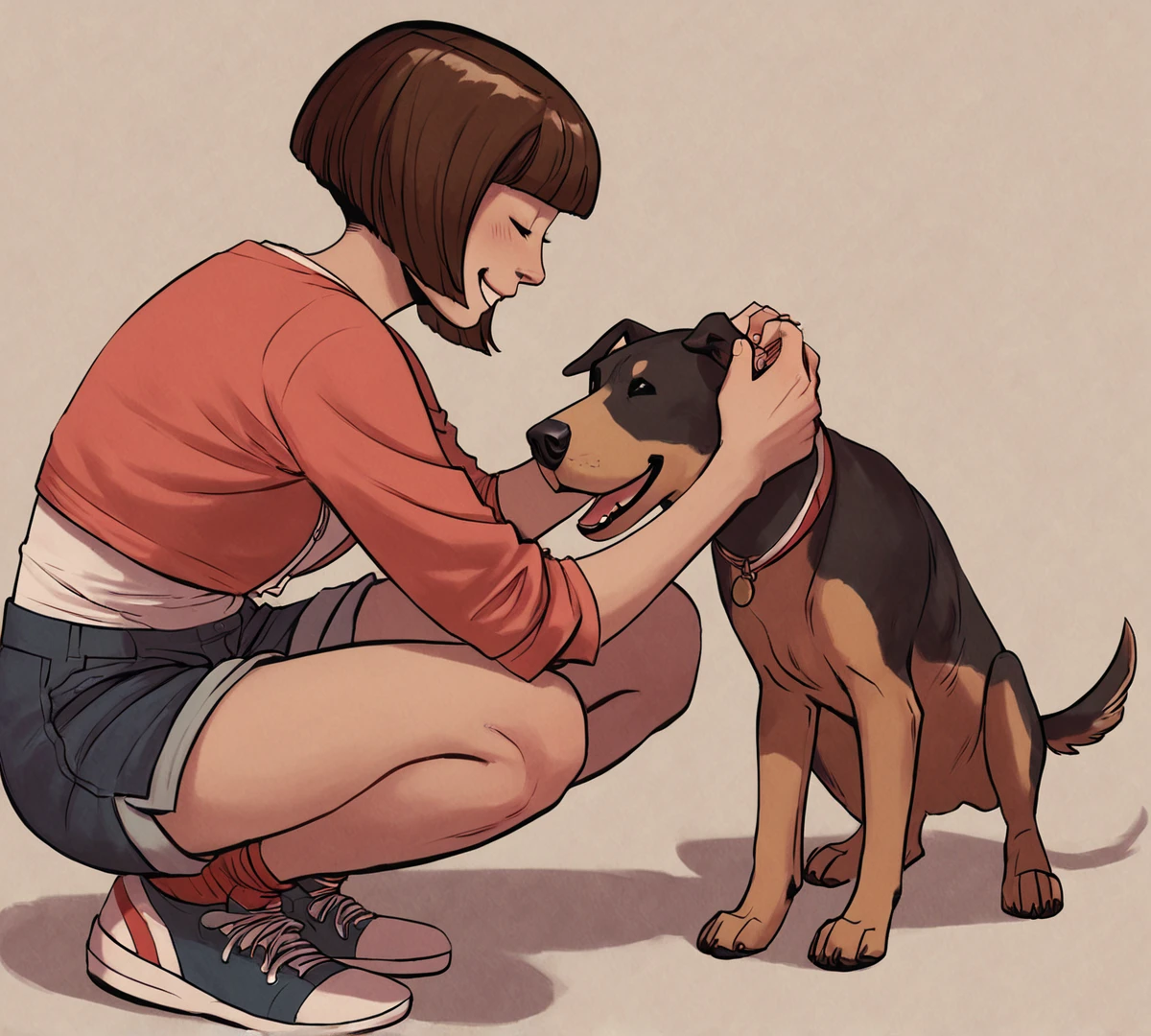 Paz, bob cut, short hair, zPDXL, best quality, amazing quality, score 9, 1girl, squatting, petting dog, dog, happy, <lora:Paz:1>