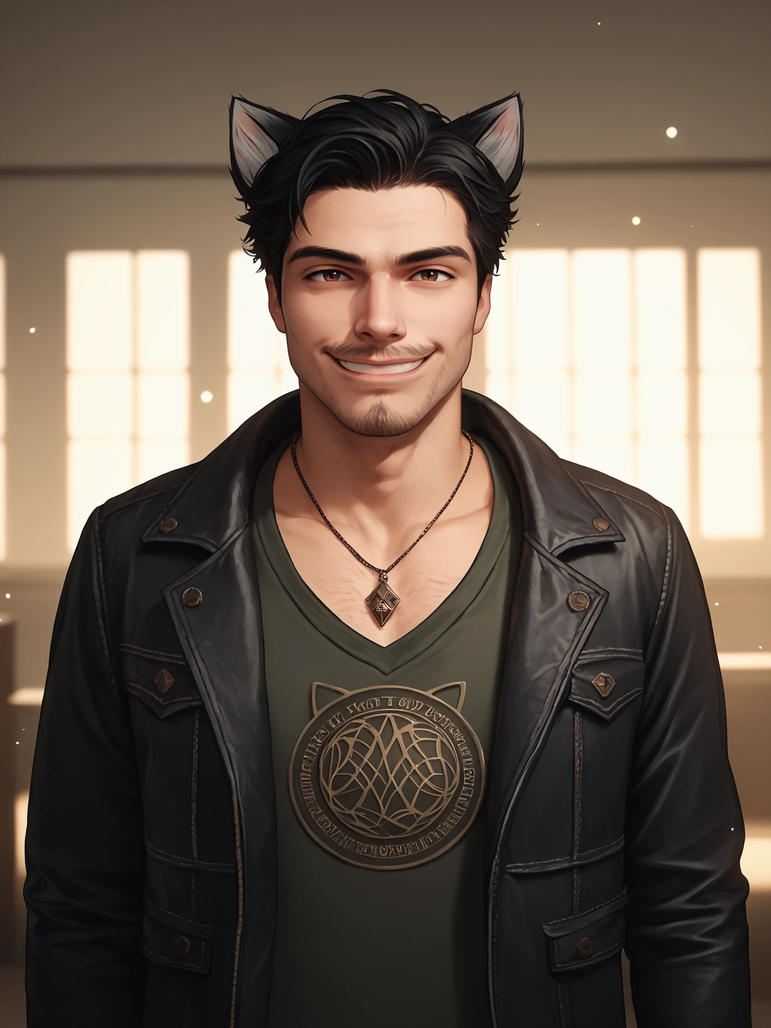 Liam David Kilkenny, solo, black hair, 1boy, animal ears, brown eyes, black jacket, jewelry, male focus, cat ears, necklace, facial hair, smirk, indoors, dad vibes, PonyXLV6_Scores, DynaPortrait_PDXL, <lora:Liam_David_Kilkenny:0.65>