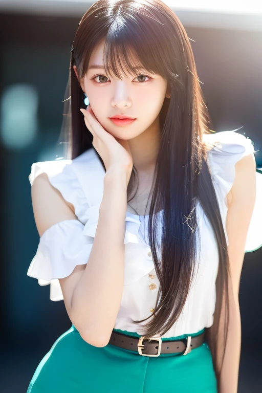 1girl, soro, (full body:1.2), shiny skin, super detailed skin, detailed beautiful face and eyes, spotlight, professional lighting, bangs, black hair, brown eyes, (outdoor, day, simple background, kpop idol, skirt), black eyes, kooo123,  <lora:ILLIO_MOOO_v2:0.8>