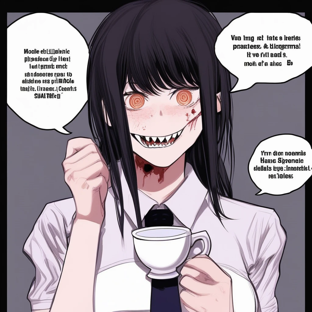 bangs, spoken ellipsis, looking at viewer, medium hair, formal, open mouth, english text, comic, mole under eye, school uniform, sharp teeth, bra, navel, holding cup, blush, panties, black background, nosebleed