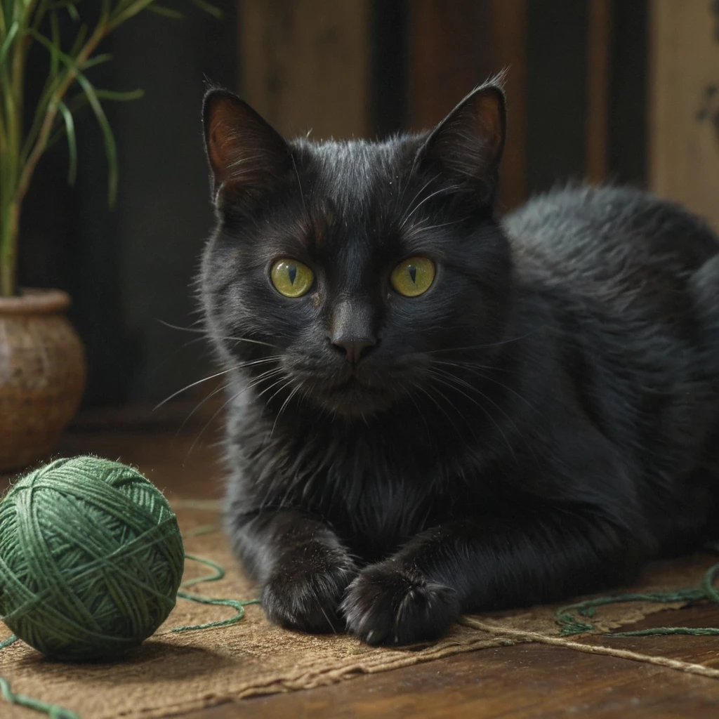 black cat with green eyes playing with yarn ball

, oil painting, done with japanese brush technique, realistic, extreme detail, dark and warm environment, 8k,

, cinematic lighting, volumetric lighting, Film grain, cinematic film still, shallow depth of field, highly detailed