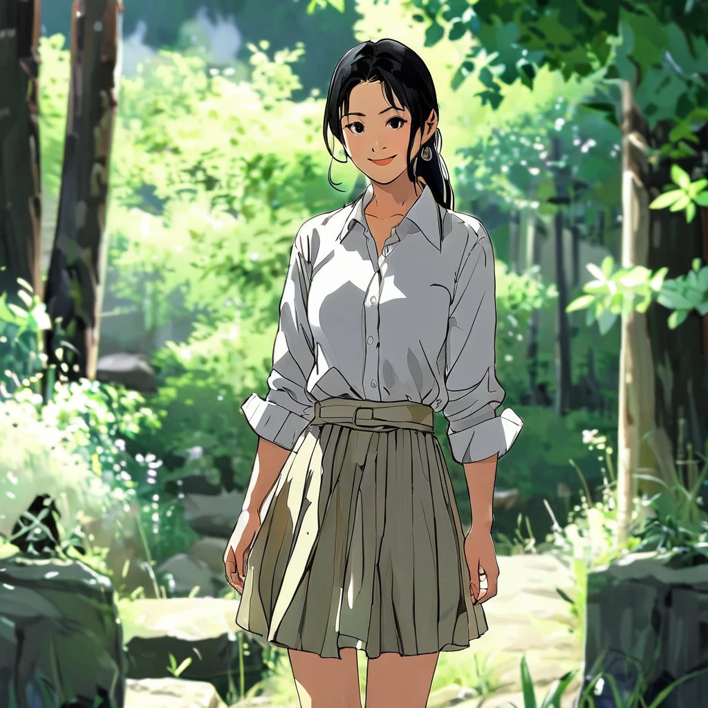 Yasuko,1woman,solo,
black hair,
long hair,low ponytail,
black eyes,
dress_shirt,long_sleeves,long_skirt,looking at viewer,smile,nature,in the style of <lora:style_lora:1>