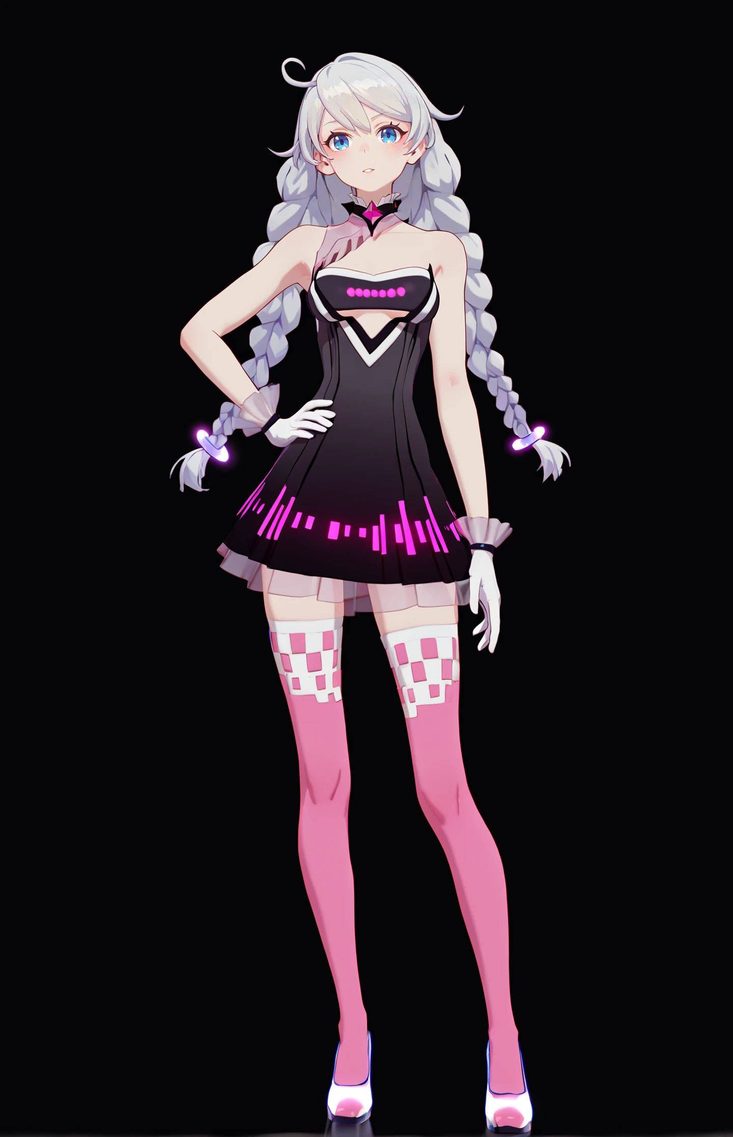 score_9, score_8_up, score_7_up, score_6_up, 8k, best quality, masterpiece, (ultra-detailed:1.1), (high detailed skin),
(full body), (black background:1.1), standing, looking at viewer, (solo), hand on hip,
<lora:kiana-young-pony-Tanger-000010:0.8>, kiana kaslana, geji, 6th clothes, 1girl, blue eyes, braid, long hair, twin braids, dress, white gloves, bare shoulders, pink thighhighs,
(beautiful_face), ((intricate_detail)), clear face,
((finely_detailed)), fine_fabric_emphasis,
((glossy)), full_shot,