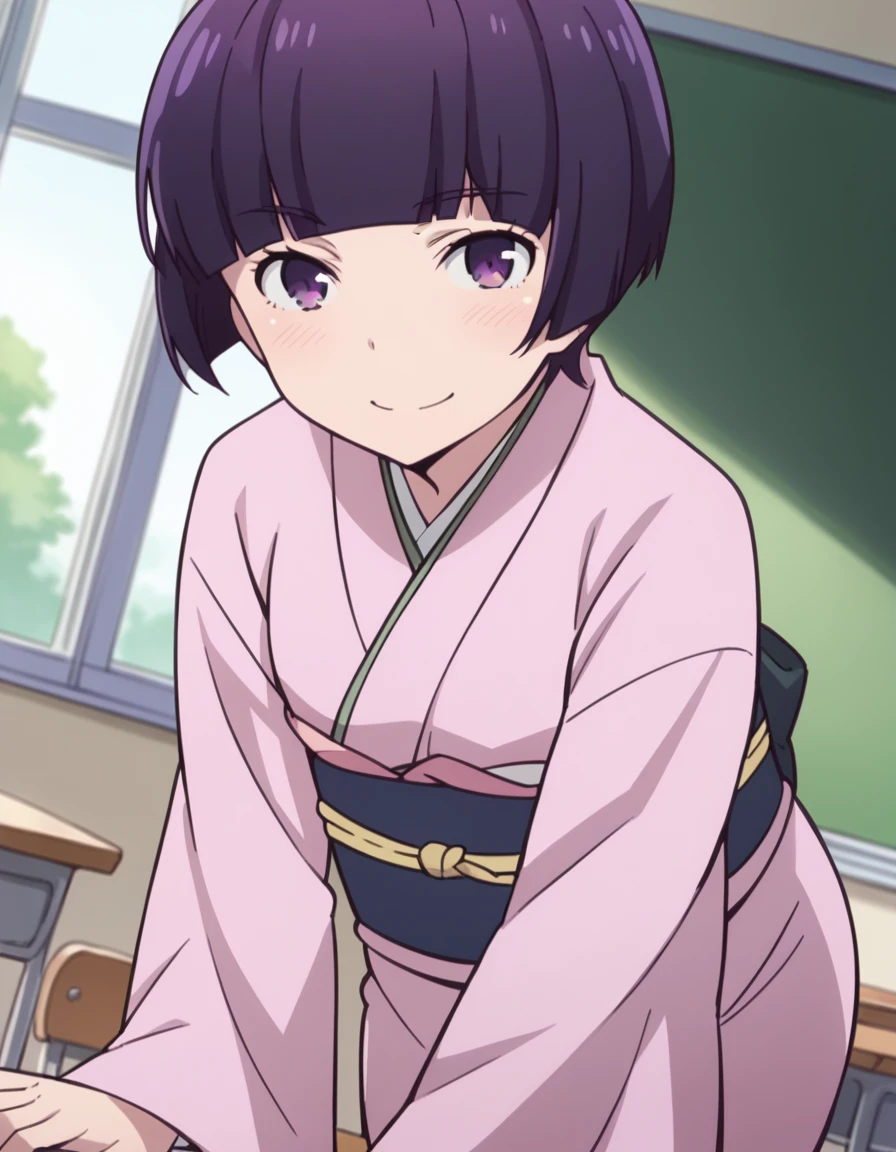 score_9, score_8_up, score_7_up, source_anime,
muramasasenju, <lora:muramasa-senju-s1-ponyxl-lora-nochekaiser:1>,
muramasa senju, short hair, bangs, purple eyes, purple hair, blunt bangs,
japanese clothes, wide sleeves, kimono, sash, obi, pink kimono,
indoors, classroom, bent over, smile,
solo, looking at viewer, cowboy shot, dutch angle,