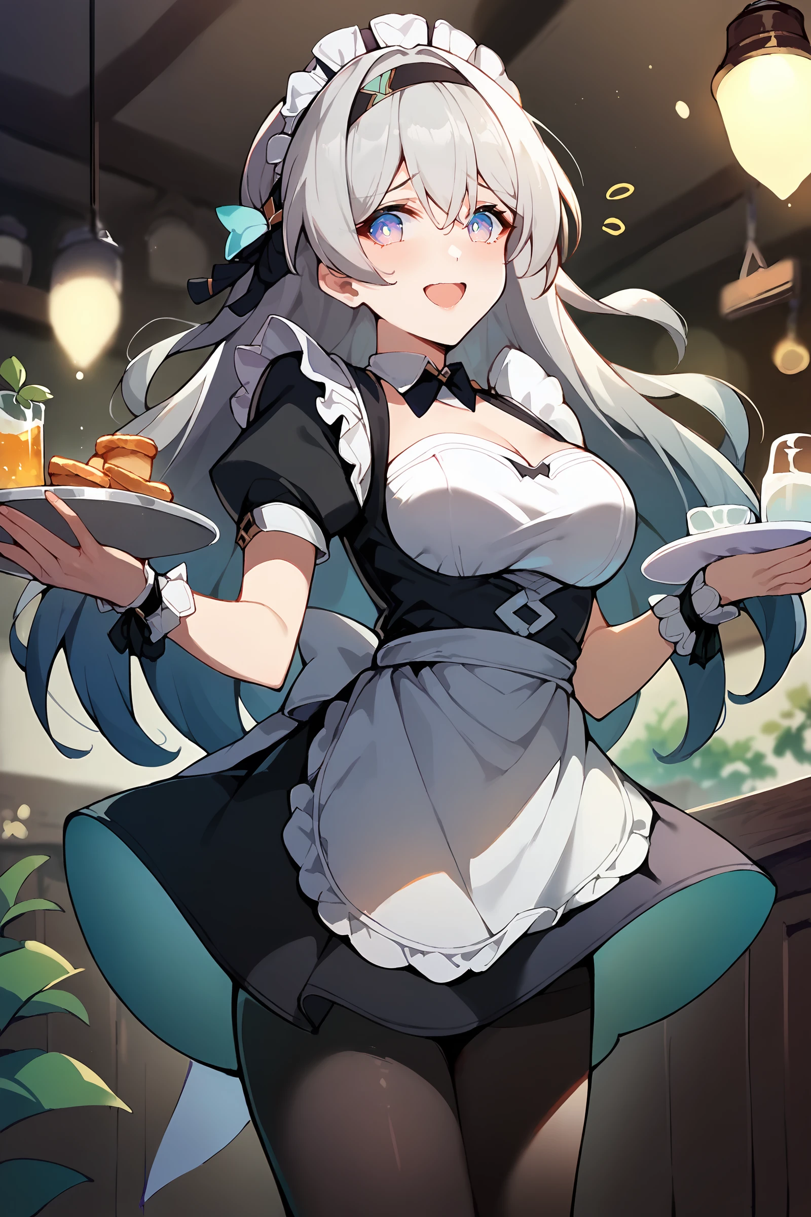 score_9, score_8_up, score_7_up, 1girl, firefly \(honkai: star rail\), hairband, solo, maid, maid headdress, maid apron, embarrassed, pantyhose, open mouth, blush, smile, open mouth, holding plate, looking at viewer, cowboy shot, bar \(place\), indoors, depth of field  <lora:Char-HonkaiSR-Firefly-V1-Pony:0.9>  <lora:Expressive_H:0.3>  <lora:YaegashiNan-v1-PDXL:0.7>