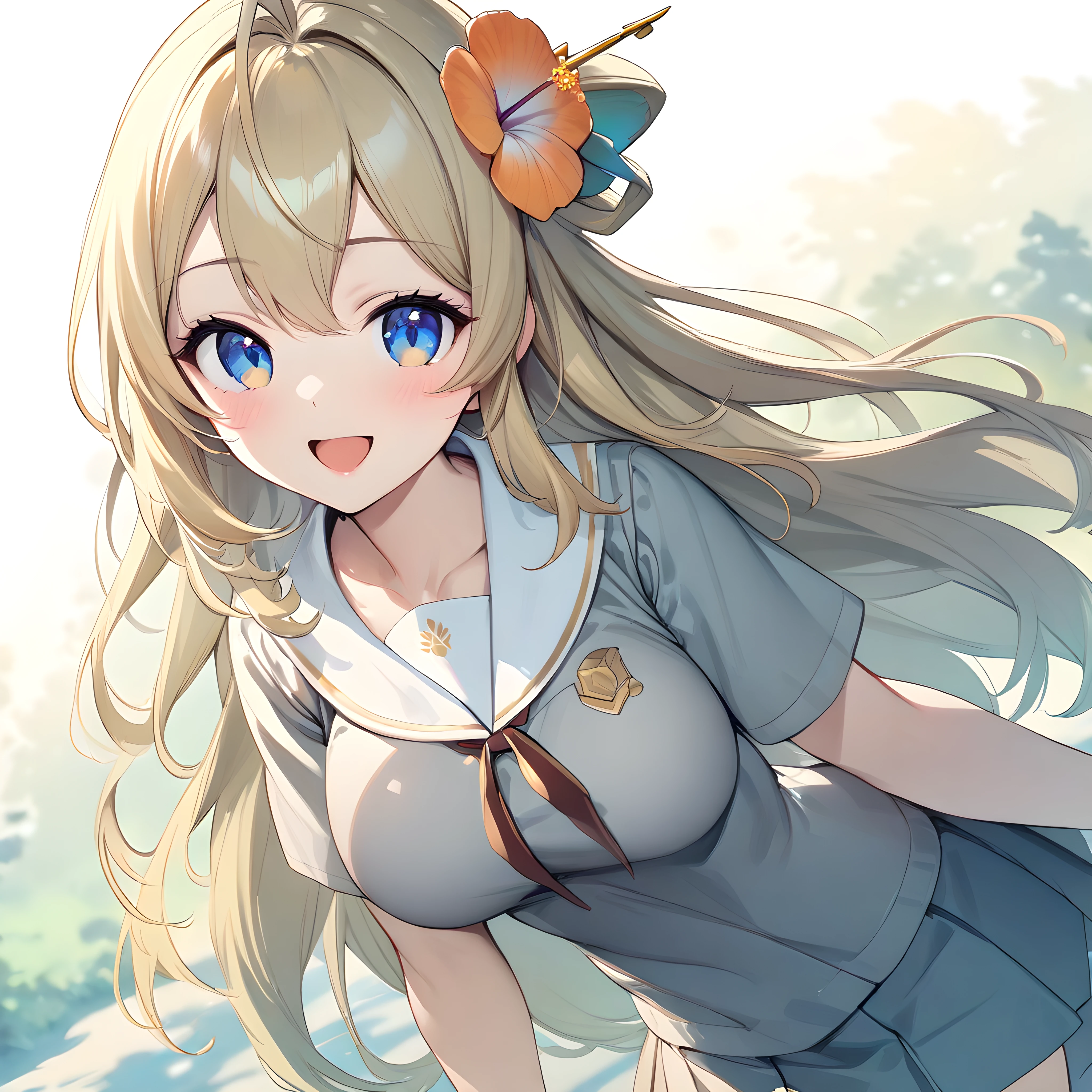 (masterpiece),(best quality),(ultra-detailed),(best illustration),(best shadow),(absurdres),(detailed background),(very aesthetic), lay ohva, 1girl, solo, blonde hair, solo, long hair, breasts, hair ornament, blue eyes, hair flower, flower, open mouth, smile, school uniform, grey uniform, pleated skirt, skirt, upper body,  <lora:XL-LayOhvav1:1>