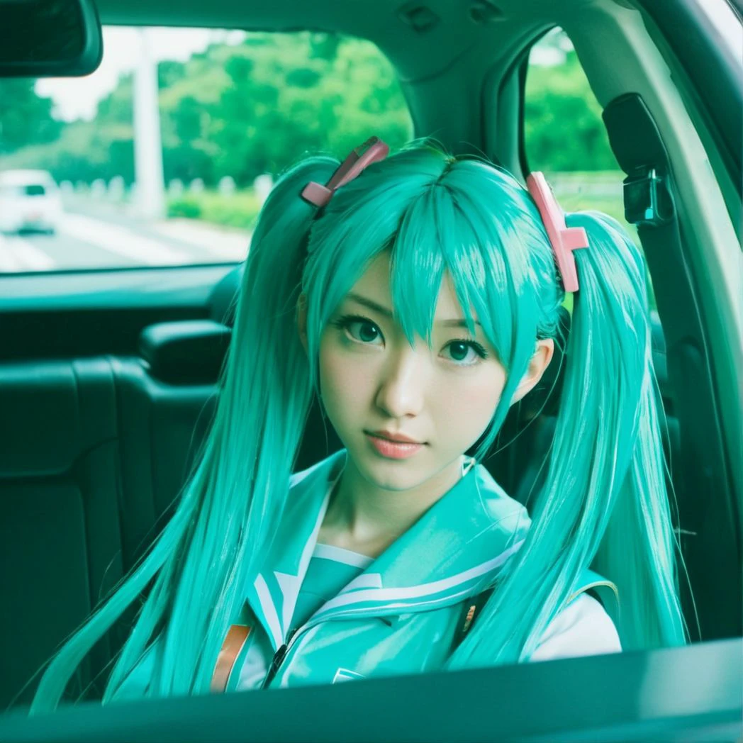 (film photography style:1.5) a closeup of Hatsune Miku in a car, medium grain  <lora:SDXL_FILM_PHOTOGRAPHY_STYLE_V1:.8>