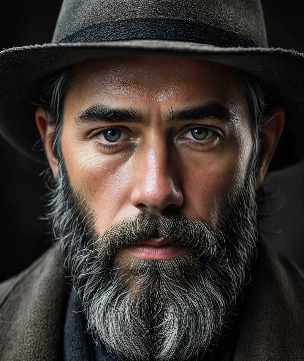 a close up of a man with a beard and a hat, a hyperrealistic painting inspired by lee jeffries, zbrush central contest winner, hyperrealism, steven mccurry portrait, photography alexey gurylev, alessio albi