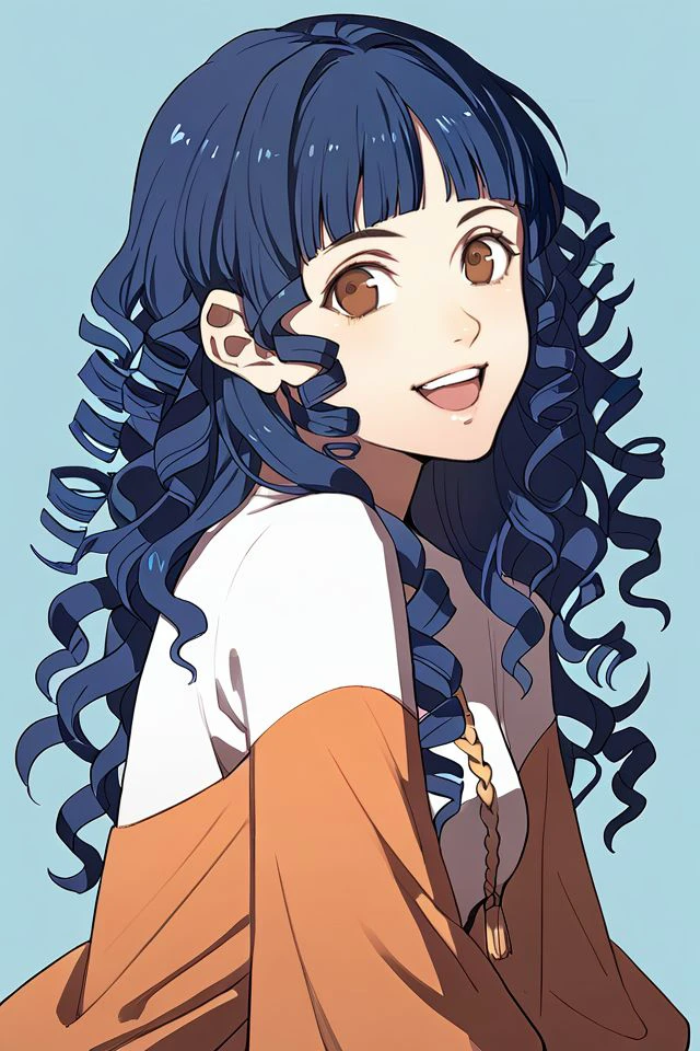 score_7_up, 1girl, happy, dark_blue hair, round_fringe, ringlets, brown eyes , <lora:Kurahana_Chinatsu_PonyXL_style_v01:1>