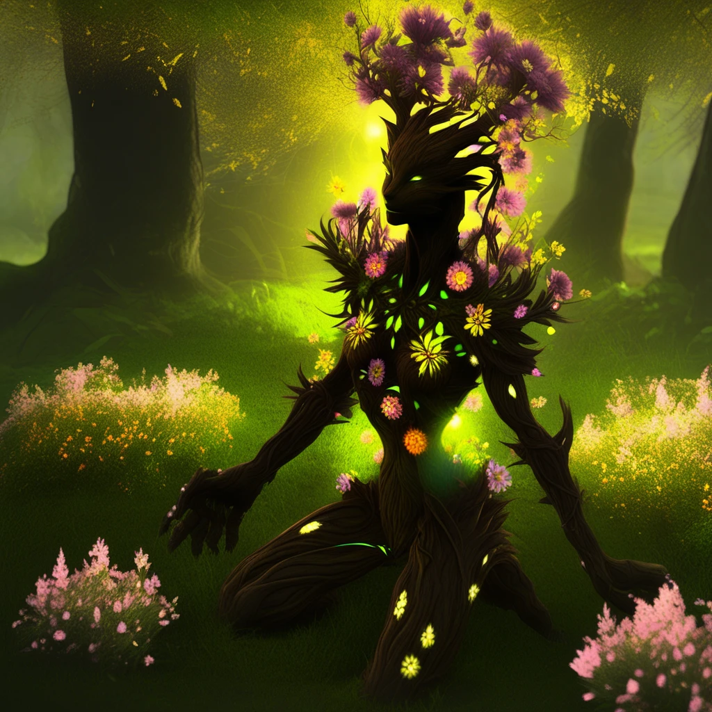 spriggan, glowing, flowers, grass, leaves