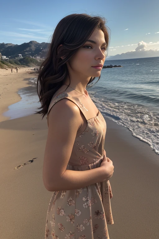 (RAW, analogue, Nikon Z 14mm ultra-wide angle lens, award-winning glamour photograph, ((best quality)), ((masterpiece)), ((realistic)), skin pores, subsurface scattering, radiant light rays, high-res, detailed facial features, high detail, sharp focus, smooth, aesthetic, extremely detailed, (extremely detailed eyes, extremely detailed iris), extremely detailed hair, extremely detailed skin, extremely detailed clothes, octane render, photorealistic, realistic, post-processing, max detail, realistic shadows, roughness, natural skin texture, real life, ultra-realistic, photorealism, photography, 8k UHD, photography, hdr, intricate, elegant, highly detailed, sharp focus, stunning, beautiful, gorgeous), (photorealistic), (realistic), 54ndr4bu110ck, full body, brown hair, brown eyes, beach, (High neck fitted sundress:1.1), cloud, day, floral print, horizon, long hair, lips, mountain, ocean, outdoors, photo \(medium\), photo background, shore, sky, solo, dress, water, waves, upper body, in motion, running on the beach, morning, bright, <lora:Sandra_Bullock_PMv1b_Lora:1.3>,