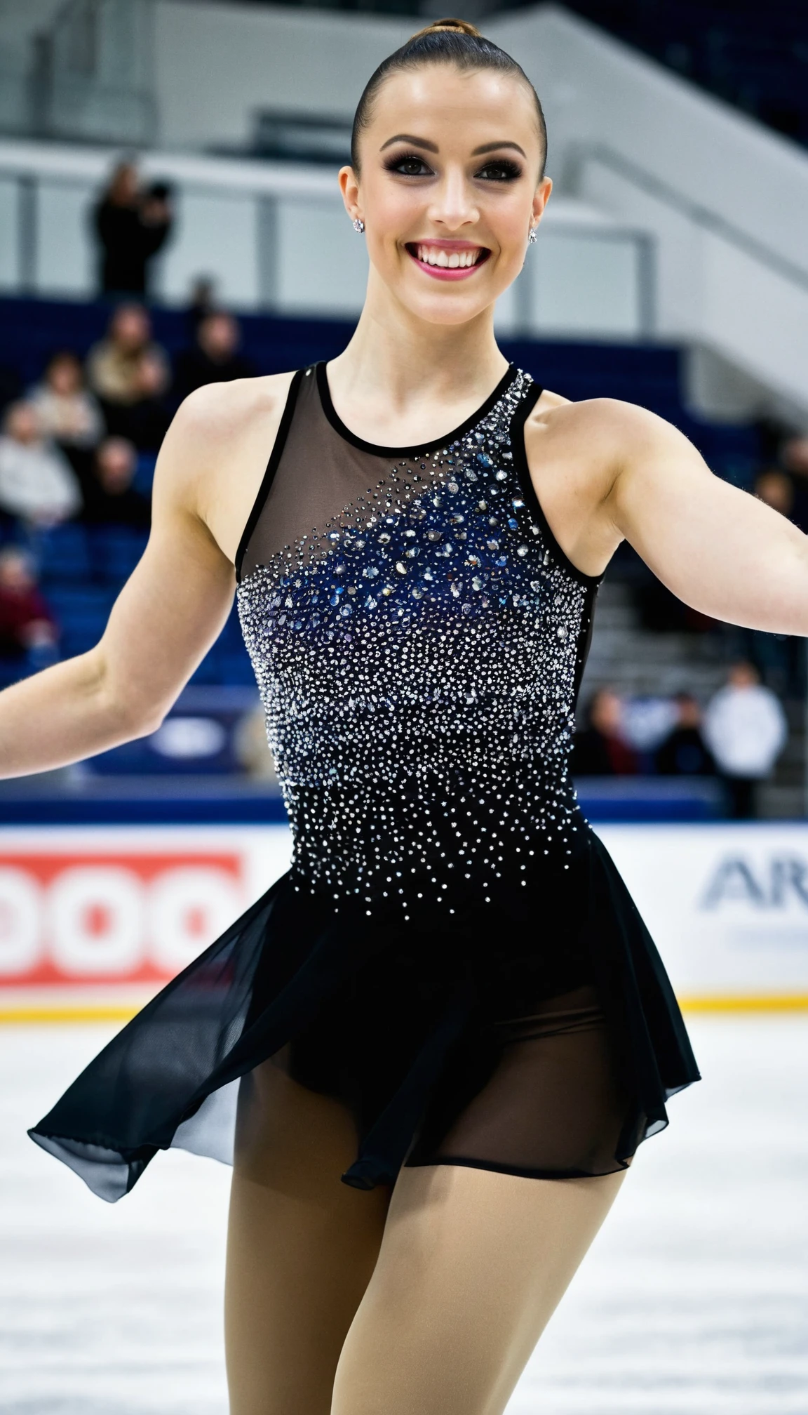 DSLR,woman,1girl,23 years old,figure skating dress,half body,smiling,sleek dress,rhinetones,sleeveless,slick fabric,paneled dress,flattering bodice,sports editorial,see through,makeup,[fish eye lens],ombre,candid,arena,skating rink,arms outstretched
<lora:figureskatingdress_v14:0.4>