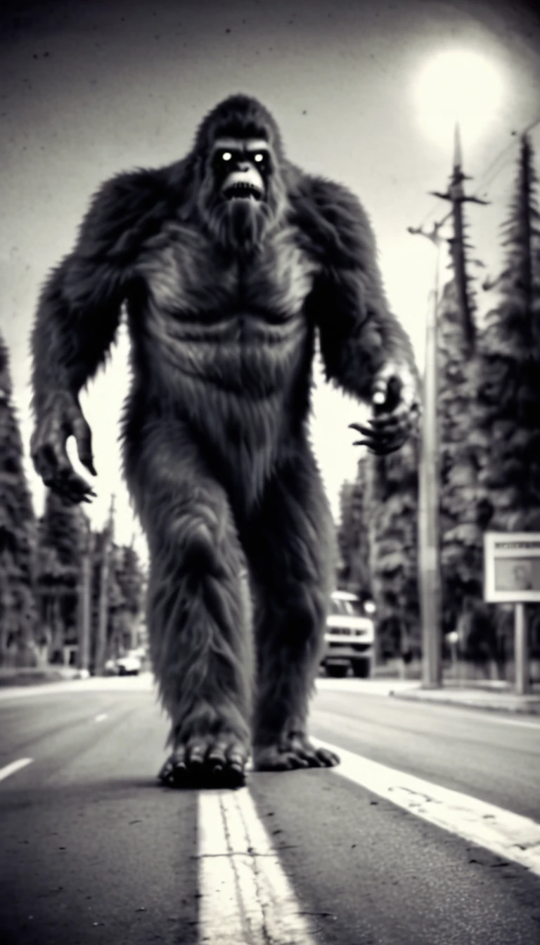 monochrome, horror,
Bigfoot is standing in the middle of the street