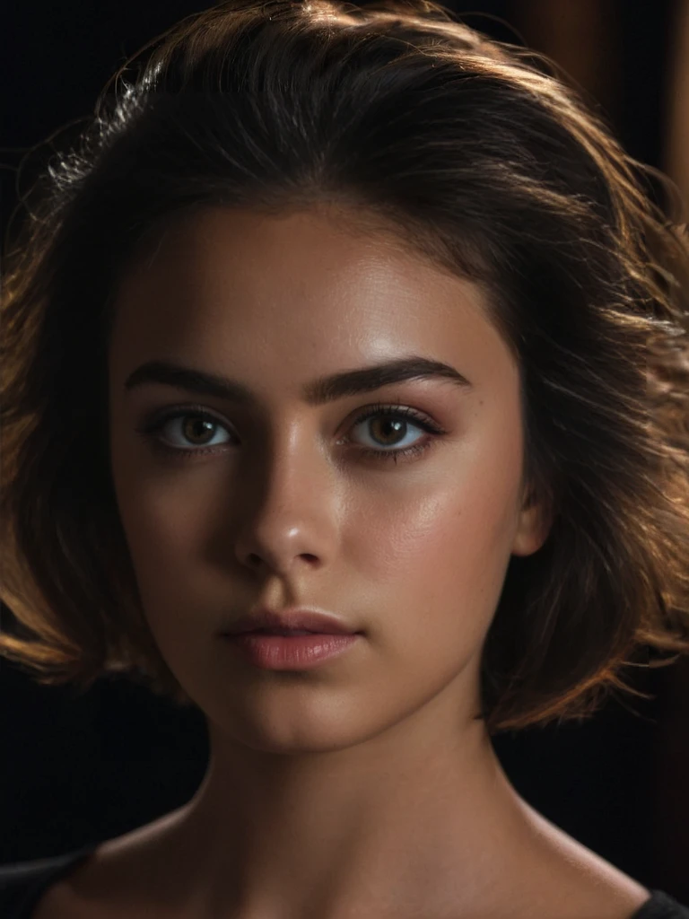 (RAW Photo, Best Quality),(Realistic, Realistic Photo:1.2),1 Girl,High Quality,(High Detail Skin:1.4),Puffy Eyes,Gorgeous Hair,(Dark Room:1.3),(Edge Lighting:1.3),(Dim Light:1.3),(Dark Night:1.3),Indoor,Portrait,Brunette,Dark Background,Short Hair.,
<lora:é²åä¸æ´¾@é«æ¸äººåXL2:0.8>,<lora:é²åä¸æ´¾@æ²¹ç»åå½±SDXL:0.4>,XCYP,Ultra HD,