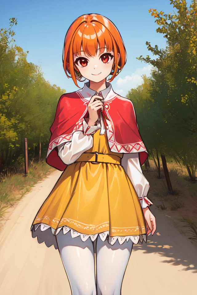 1 girl, outdoors, desert, standing, smile,
<lora:Azure_Dreams_-_Fur:0.5> azurefur, orange hair, red eyes, short hair, bangs,
((hoop skirt)), red capelet, yellow dress, white pantyhose,