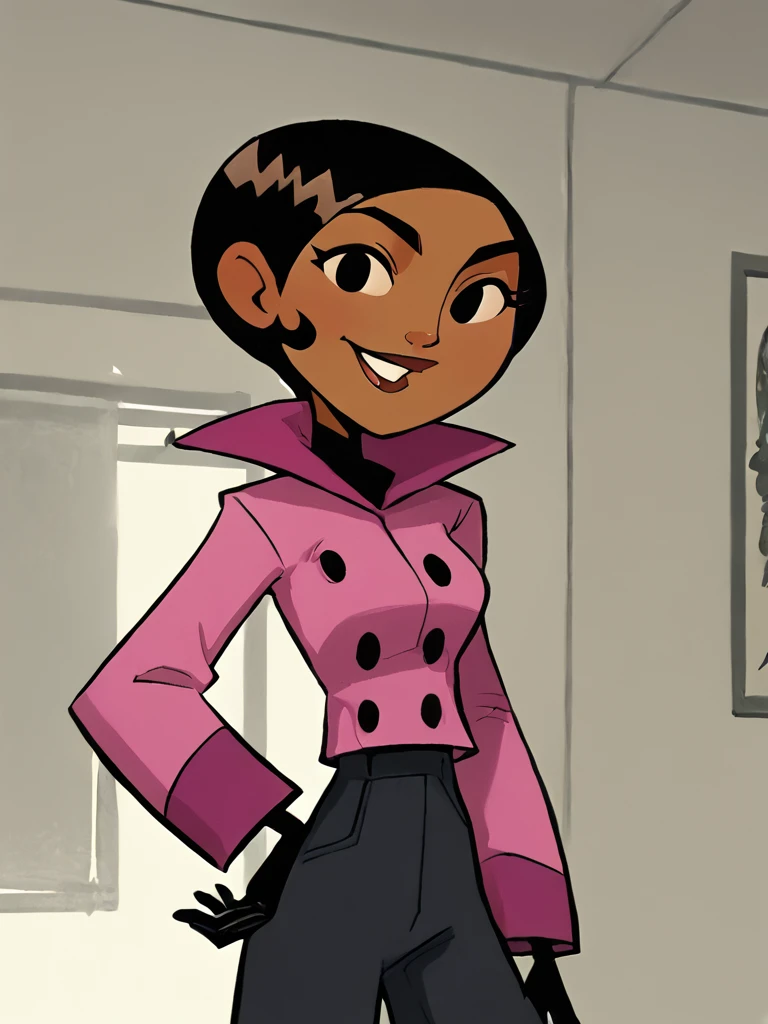 <lora:BritPony1.3:0.65> brit, solo, 1girl, black hair, short hair, dark-skinned female, black eyes, pink jacket,black,black gloves, buttons,upper body,standing, hand on own hip, breasts, score_9, score_8_up, score_7_up, score_6_up, score_5_up, score_4_up, smile, indoors, looking at viewer, <lora:Jabstyle_AMXLV1:1> jabstyle
