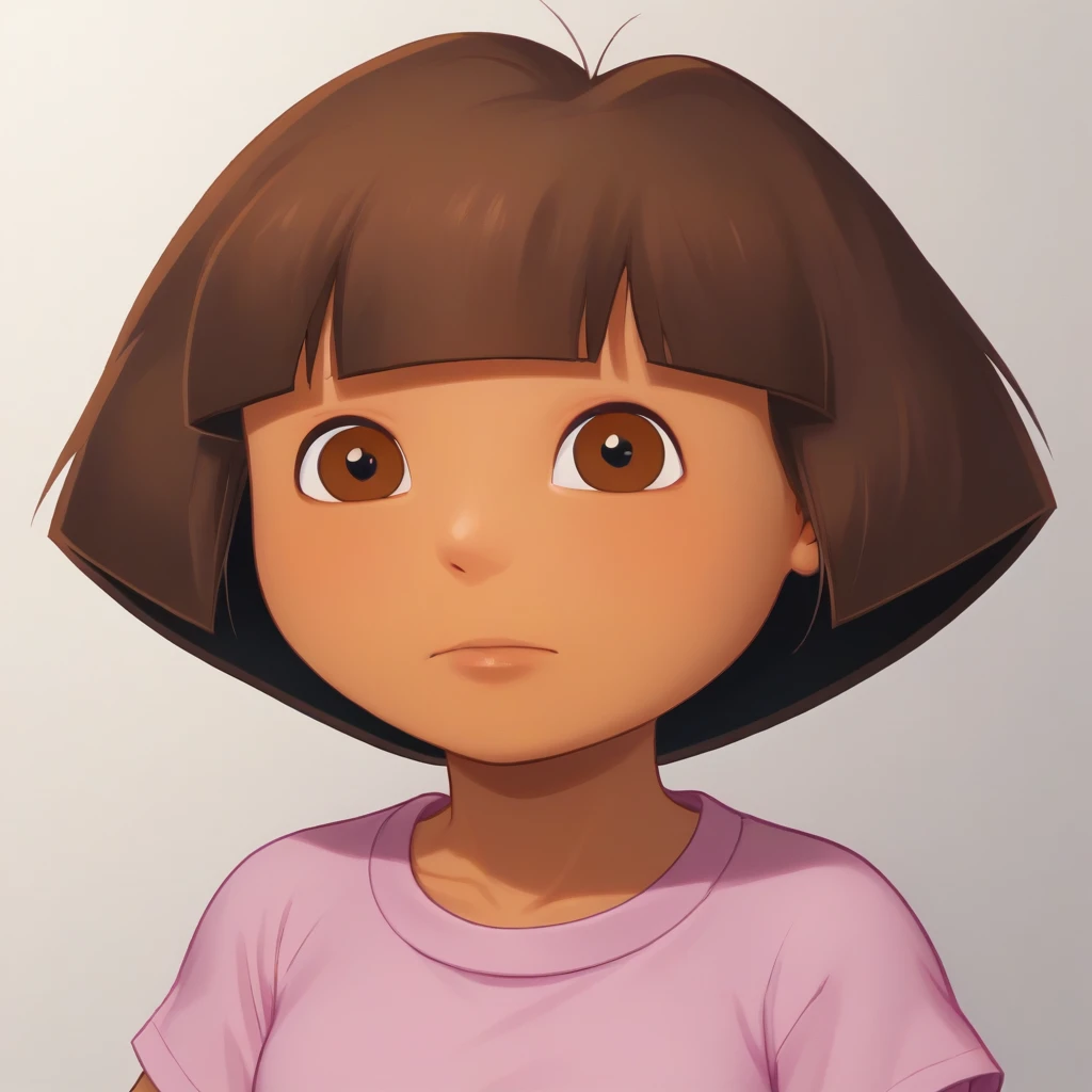 score_7_up, BREAK,  1girl, solo, Dora, short hair, brown hair, brown eyes, tan, pink shirt, <lora:DoraTheExplorer_XL_Leaf3:1>,  portrait,