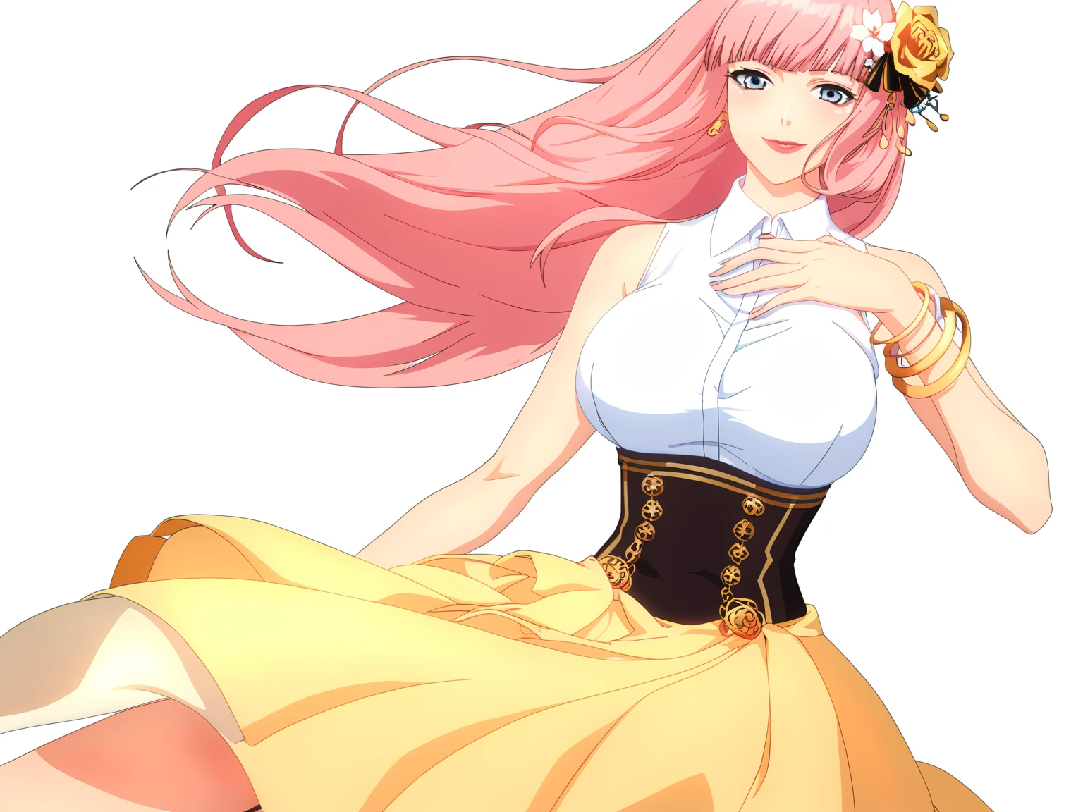 score_9,score_8_up,score_7_up,
BREAK
1girl,long hair,solo,skirt,pink hair,blue eyes,very long hair,shirt,breasts,hair ornament,yellow skirt,white shirt,pink background,sleeveless,large breasts,looking at viewer,flower,bangs,hair flower,simple background,sleeveless shirt,high-waist skirt,smile,collared shirt,bracelet,hand on own chest,bare shoulders,feet out of frame,standing,jewelry,white flower,lips,bare arms,makeup,closed mouth,hand up,lipstick,dress shirt,blunt bangs,curly hair,red lips,shirt tucked in,pink lips,megurine luka,mole BREAK <lora:MeMaPA:1>,<lora:neo-pony-000005:0.9>,, masterpiece, best quality,