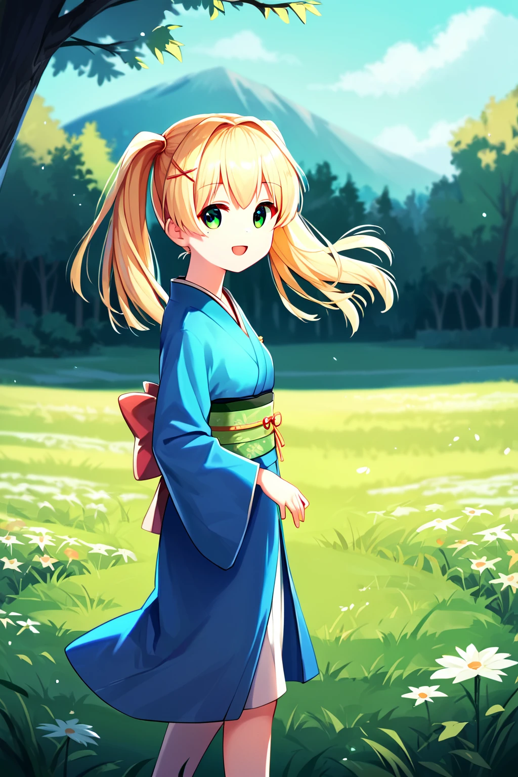 score_9, score_8_up, score_7_up, score_6_up, rating_safe, source_anime, best quality, masterpiece, detailed background, detailed eyes, cowboy shot, grass, from side view, kimono, blue kimono, walking, <lora:tsumugi-wenders-xl-05:1>, tsumugi wenders, blonde hair, green eyes, small breasts, twintails, smile, open mouth,