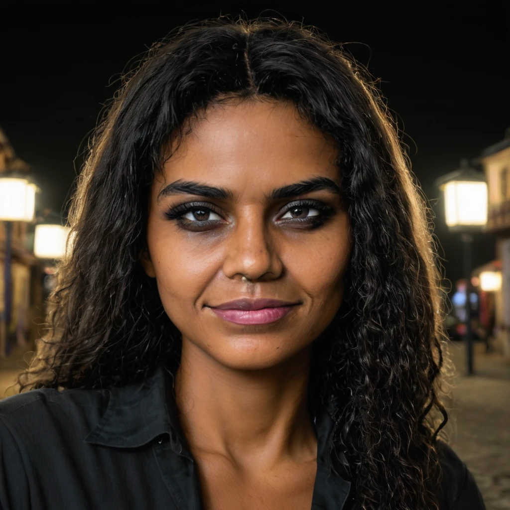 beautiful 18yo arabian woman , close up, shadows, perfect face,nighttime,dark photo,grainy,dimly lit,seductive smirk,harsh camera flash, grainy, highly detailed, (freckles:0.3), (skintexture), (background town), bokeh, (snub nose)