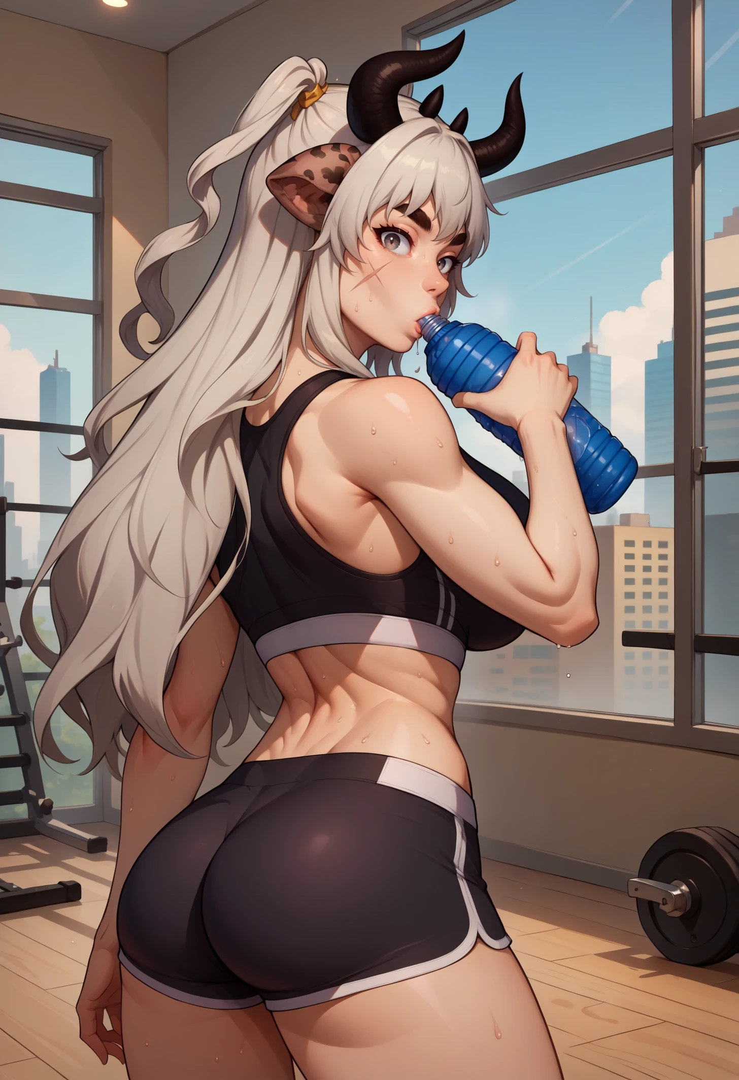 score_9, score_8_up, score_7_up, BREAK 1girl, solo, oxma, cow girl, horns, grey eyes, scar on cheek, long hair, grey hair, large breasts, <lora:OxenKingUmaPDXL_V1-Manityro-CAME:1.0>, indoors, gym, window, cityscape,
looking at viewer, looking back, toned, rear view, drinking water, holding, water bottle, sweat, hand up,
sports clothing, sports bra, sports shorts,