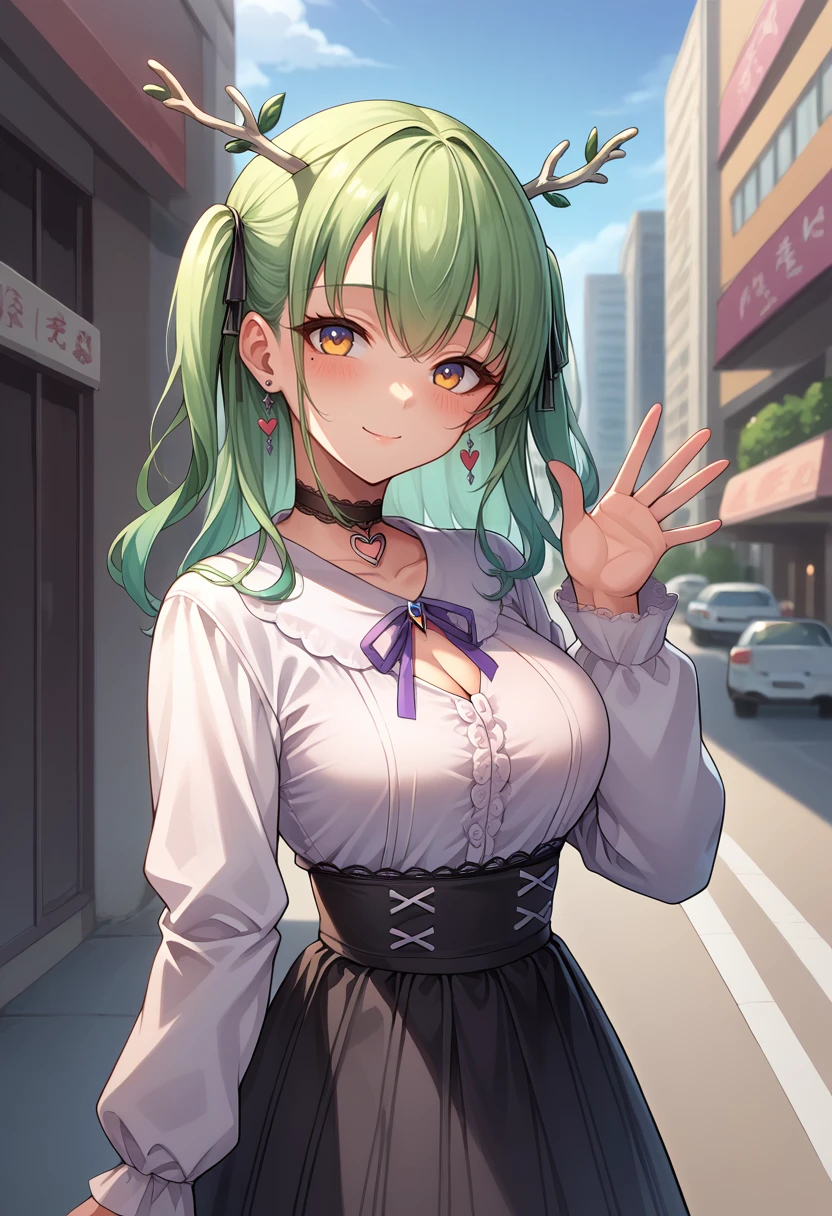 score_9, score_8_up, source_anime, 1girl, solo, FaunaJiraiKei, mole under eye, antlers, long hair, two-side up, black hair ribbons, heart choker, earrings, white shirt, cleavage cutout, purple bow, black skirt, high-waist skirt, outdoors, standing, city, street, smile, blush, waving at viewer, <lora:ChamCeresFaunaPonyXL:1>