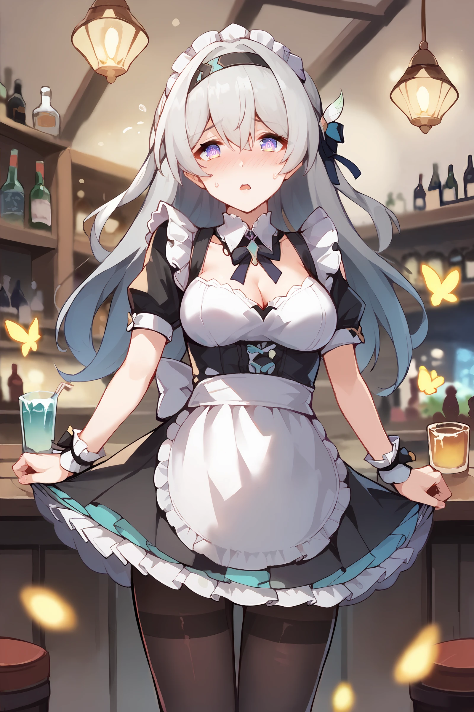 score_9, score_8_up, score_7_up, 1girl, firefly \(honkai: star rail\), hairband, solo, maid, maid headdress, maid apron, embarrassed, pantyhose, open mouth, blush, parted lips, looking at viewer, cowboy shot, bar \(place\), indoors, depth of field <lora:Char-HonkaiSR-Firefly-V1-Pony:0.9> <lora:Expressive_H:0.3> <lora:merrytail_pony_v1:0.7>