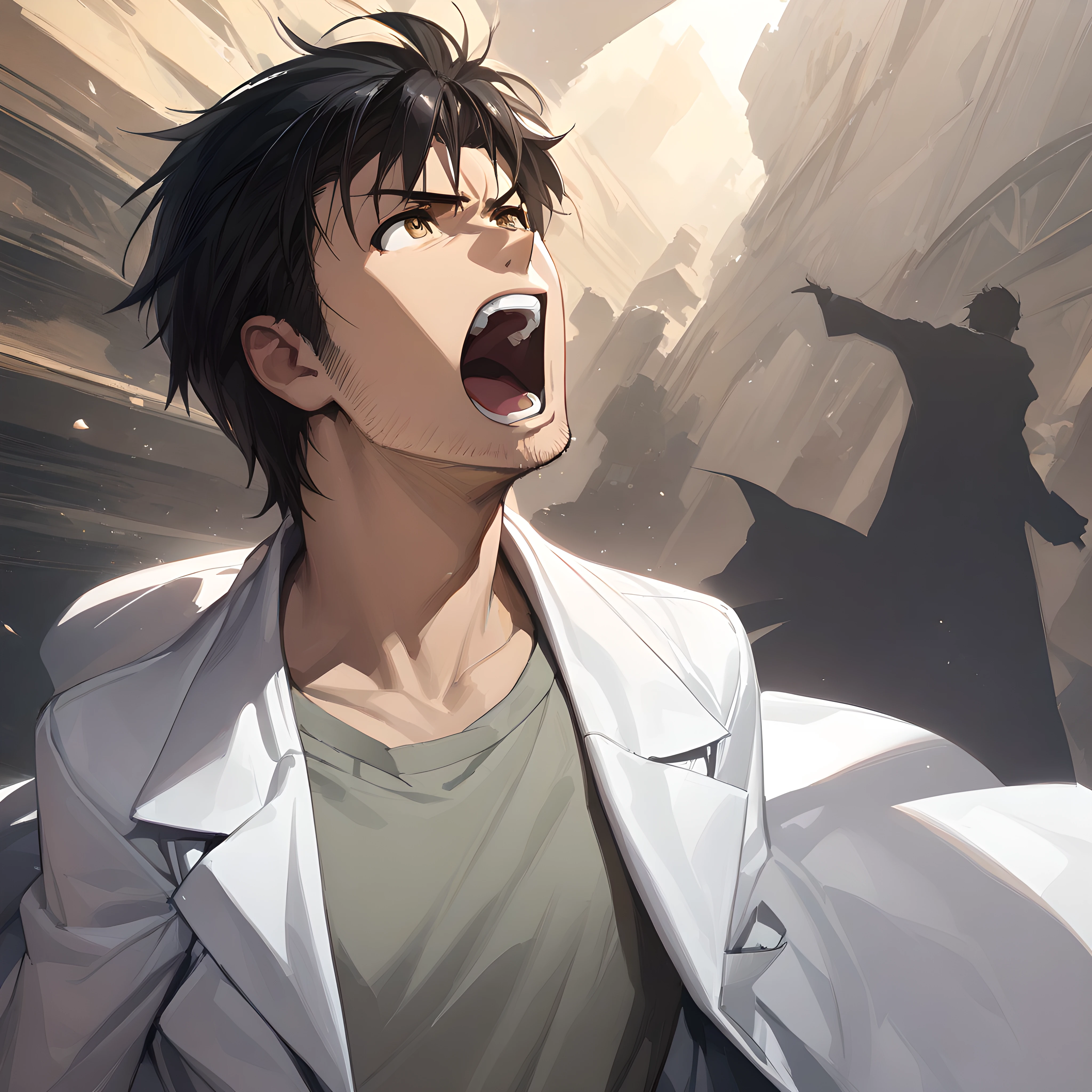 (masterpiece),(best quality),(ultra-detailed),(best illustration),(best shadow),(absurdres),(detailed background),(very aesthetic), okabe rintarou, 1boy, male focus, solo, facial hair, labcoat, black hair, stubble, open mouth, shirt, shouting <lora:Okabe_Rintarou:1>