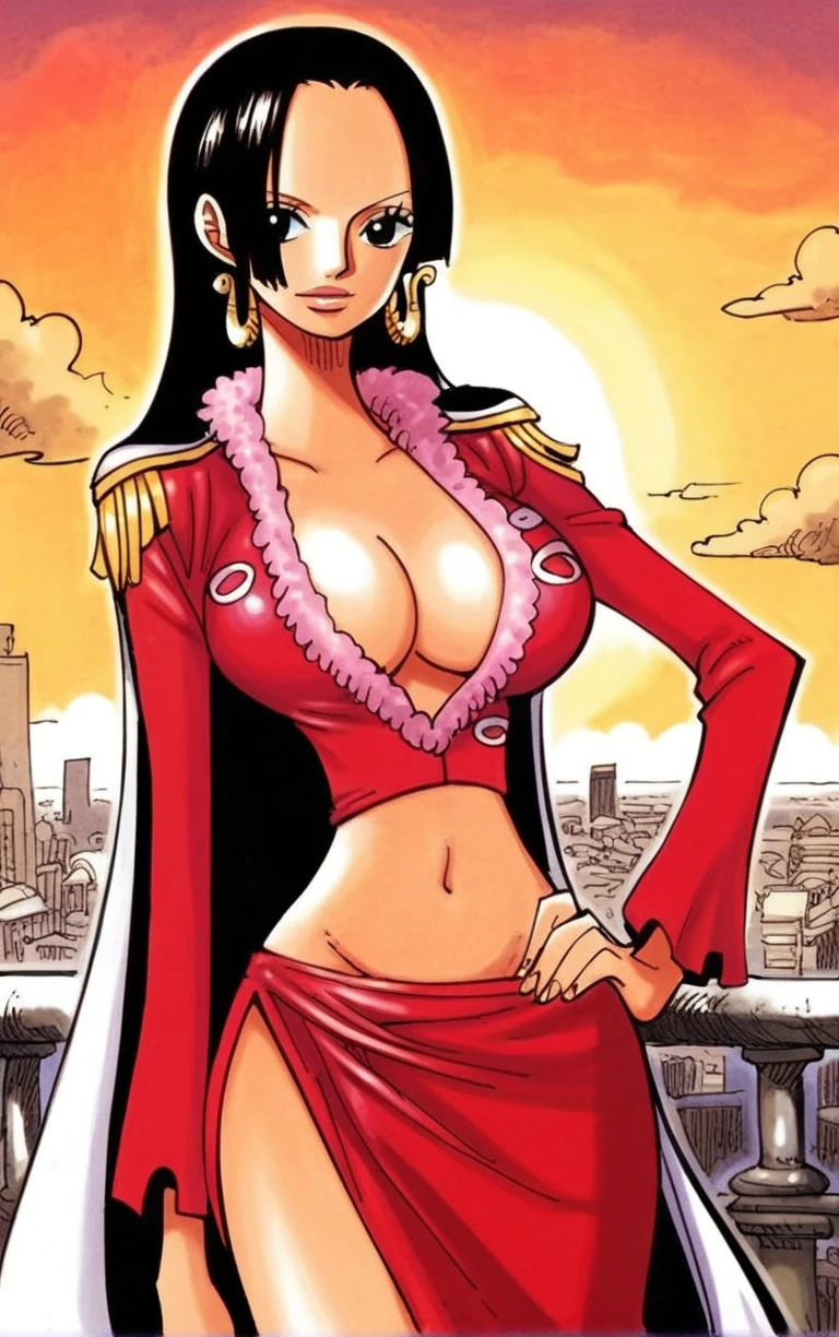 score_9, score_8_up, score_7_up, looking at viewer, BREAK
ARTSTYLE_OnePiece_MangaColored_ownwaifu,
1girl, boa hancock, large breasts, long hair, black hair, jewelry, earrings, midriff, cape, cleavage, long legs, navel, side slit, crop top, no bra, black eyes, groin,
(contrapposto, hand on hip), sunset, sidelighting, cityscape, outdoors, <lora:PONYXL_OnePiece_MangaColored_ownwaifu:1> , depth of field, solo,
