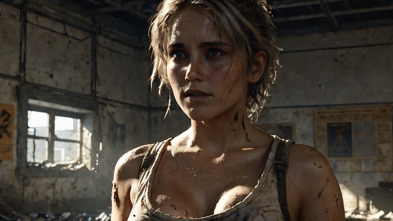 an illustrated award-winning upper body portrait of a young female, Human, Survivor, Alive, dirty and gritty, post-apocalyptic, ultra realistic Environmental, nsfw, medium breasts, toned body, ripped shirt, white shirt, messy hair, perfect face, ray tracing, realistic, depth of field, subsurface scattering, cleavage, highly detailed, harsh lighting, cinematic lighting, detailed skin, detailed eyes, Brown detailed hair, masterpiece, best quality, ultra-detailed, high res, realistic lighting, 