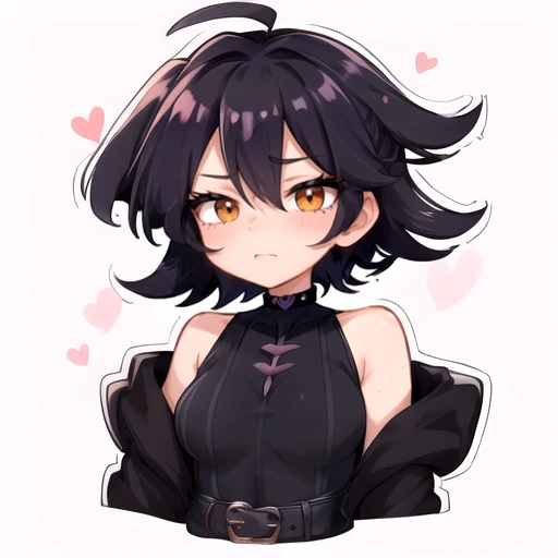 yumichanartstyle, 1girl , simple background, upper body, looking at viewer, chibi, blush, outline, white outline, cropped torso, white background, simple, outline <lora:yumichanartstyle:0.6>, colorful, vibrant colors, <lora:KarmaVT:0.6>, KarmaVT,1 girl,hair over one eye,ahoge,black hair,purple jacket,belt,abdomen,bare shoulders,fishnet top,black shorts,spiked choker,heart shaped choker,striped thighs, short hair<lora:lcm-sdxl:1.0>