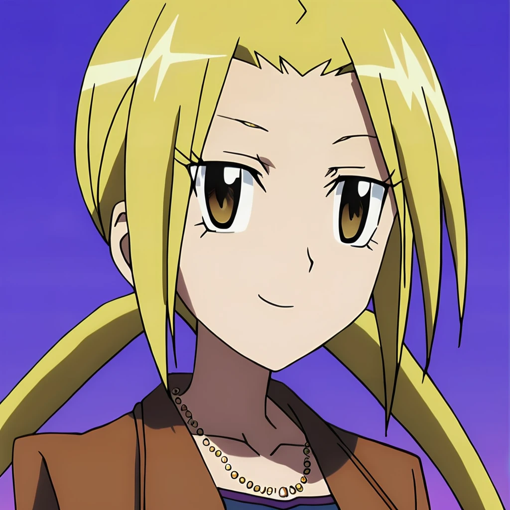 anime artwork illustrating Hagimura_Suzu, 1girl, solo, long hair, looking at viewer, smile, blonde hair, twintails, brown eyes, jewelry, collarbone, jacket, yellow eyes, upper body, necklace, high quality,masterpiece,animestyle, highress,female focus. created by japanese anime studio. highly emotional. best quality, high resolution