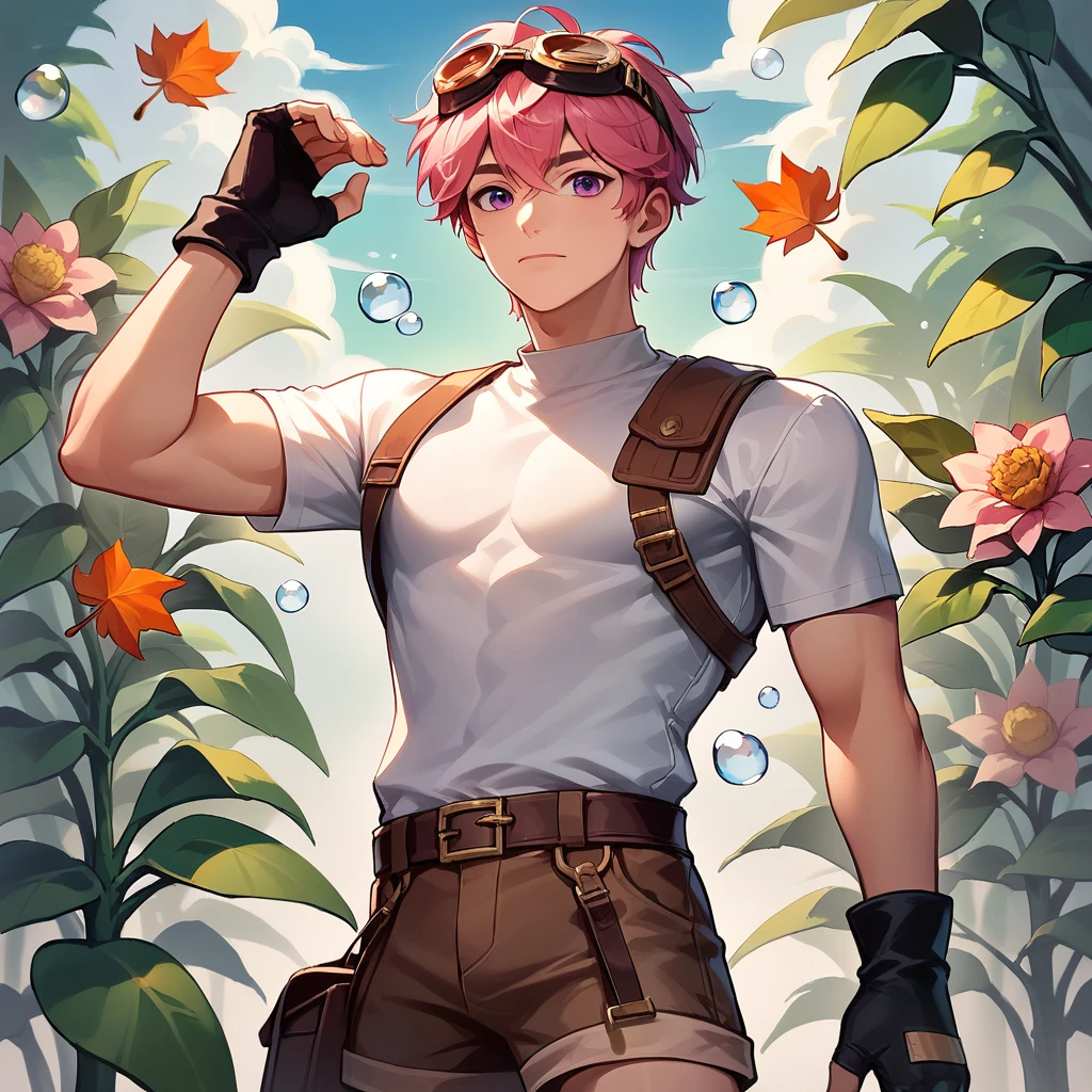 score_9, score_8_up, score_7_up, all in one, masterpiece, best quality, lots of details,Bamby,male focus,fingerless gloves,goggles,1boy,gloves,solo,pink hair,shorts,shirt,looking at viewer,belt,plant,pink eyes,hat,purple eyes,short sleeves,leaf,goggles on headwear,black gloves,flower,brown shorts,cowboy shot,white shirt,closed mouth,bubble,short hair, slim,embedding:zPDXL2,