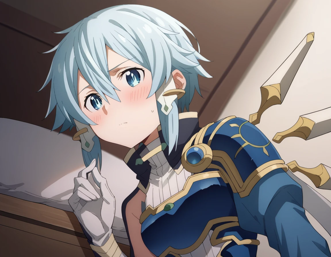 score_9, score_8_up, score_7_up, source_anime,
shinoasada, <lora:shino-asada-s3-ponyxl-lora-nochekaiser:1>,
shino asada, short hair, bangs, blue eyes, hair ornament, hair between eyes, blue hair, sidelocks, slit pupils,
gloves, long sleeves, wings, white gloves, armor, shoulder armor, breastplate, blue armor,
indoors, bed, bed room, on side, blush, drunk,
solo, looking at viewer, cowboy shot, dutch angle,