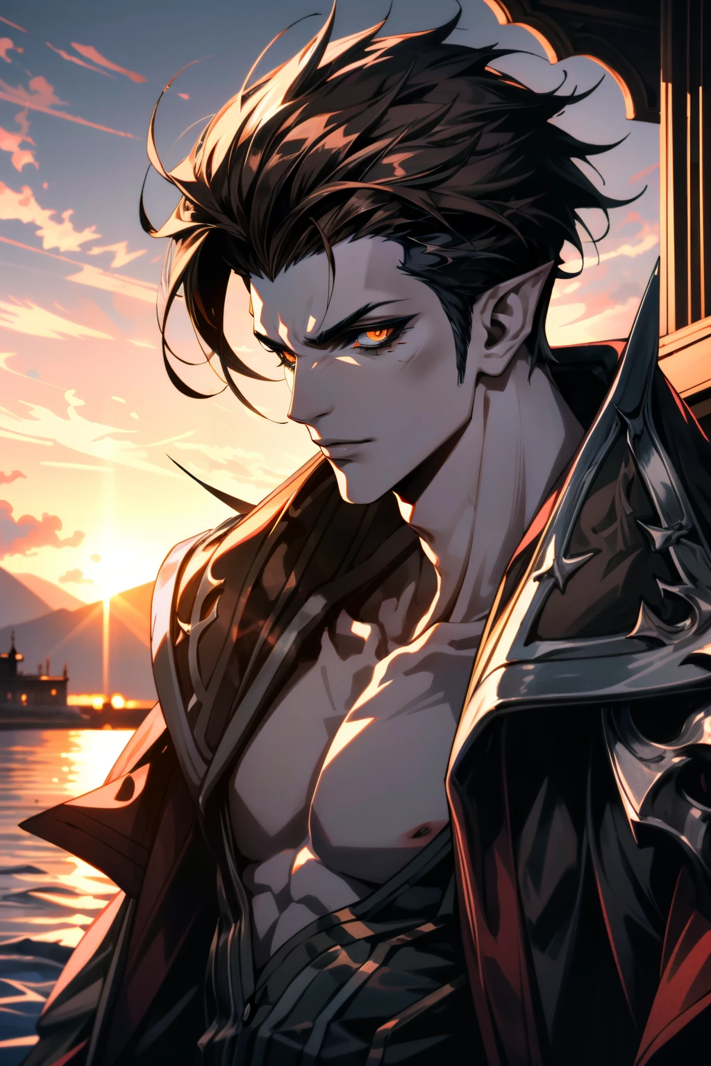 ((ultra detailed, masterpiece, absurdres))
<lora:LAKharmine:0.8>
LAKharmine, 1boy, short hair, brown hair, pointy ears, colored skin, colored sclera, in front of dramatic sunset